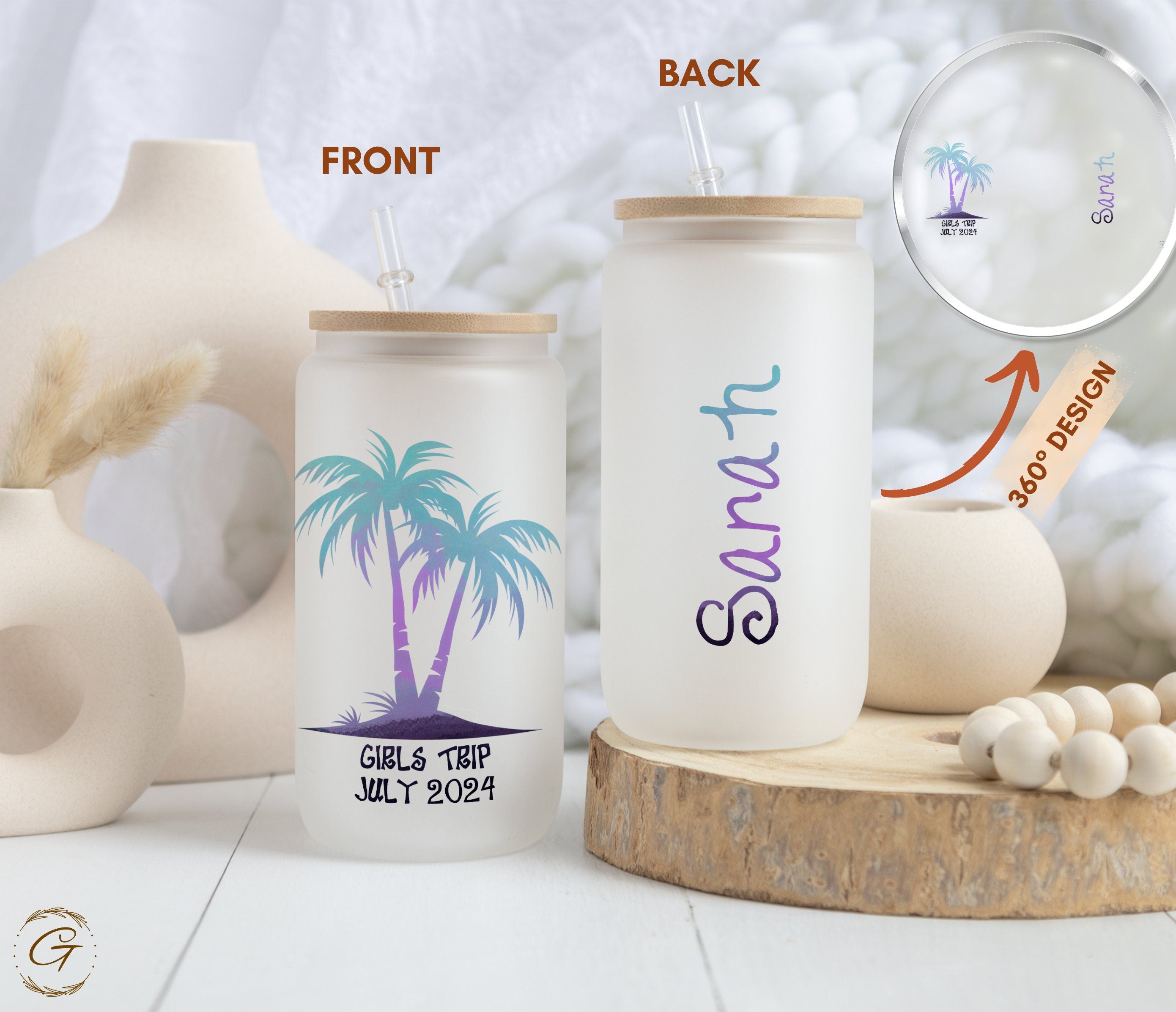 Personalized Island Palm Trees Frosted 16oz Glass Cup