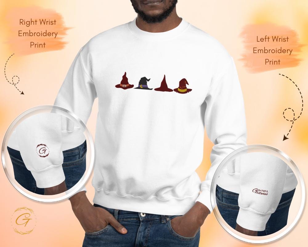 Halloween Sweatshirt, Embroidery Design Witch Hats Crewneck Halloween Sweatshirt, Long Sleeve Top, Casual Pullover Fall Fashion Witchy Shirt