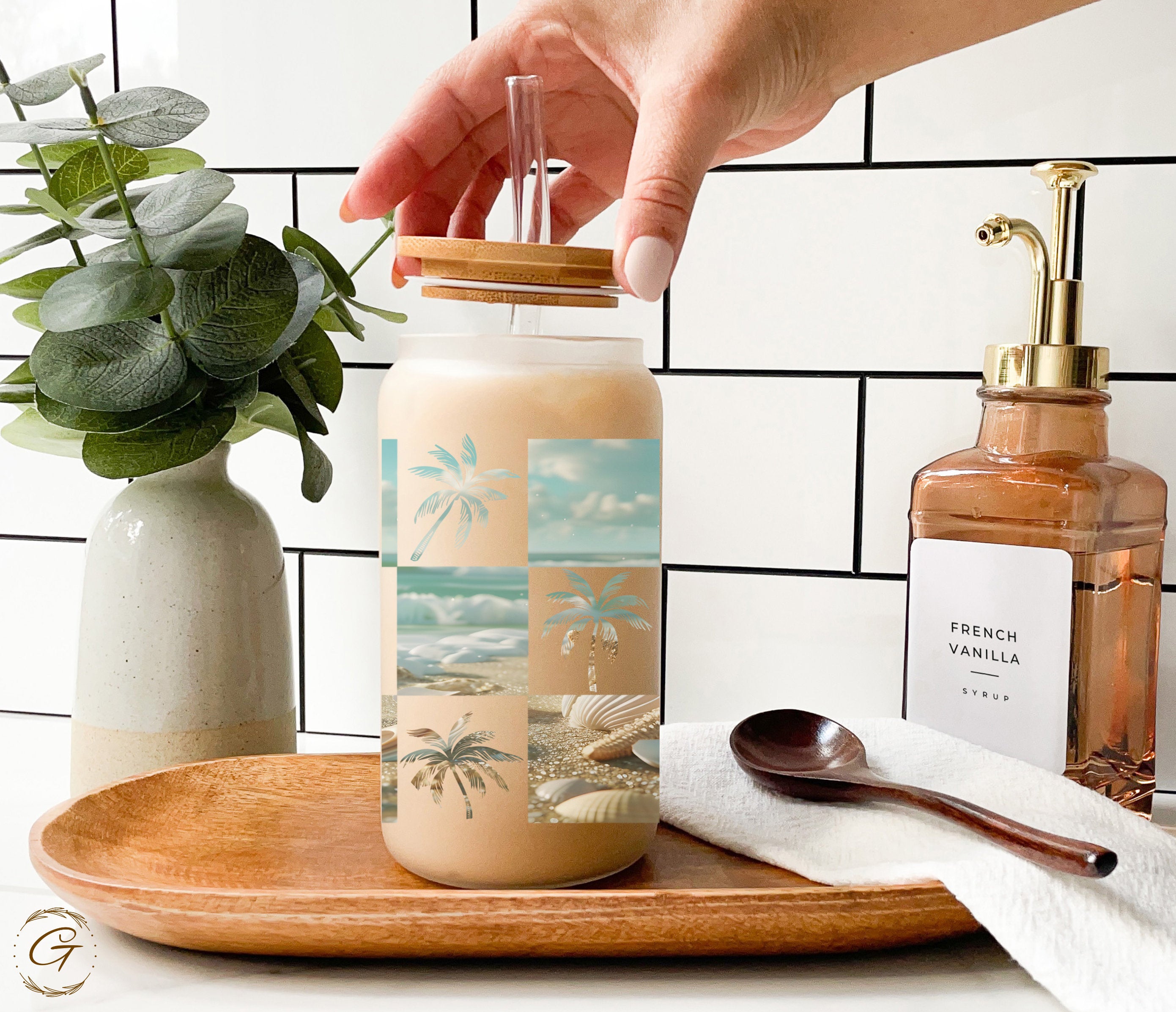 Tropical Checkered Beach Design Frosted Glass Cup