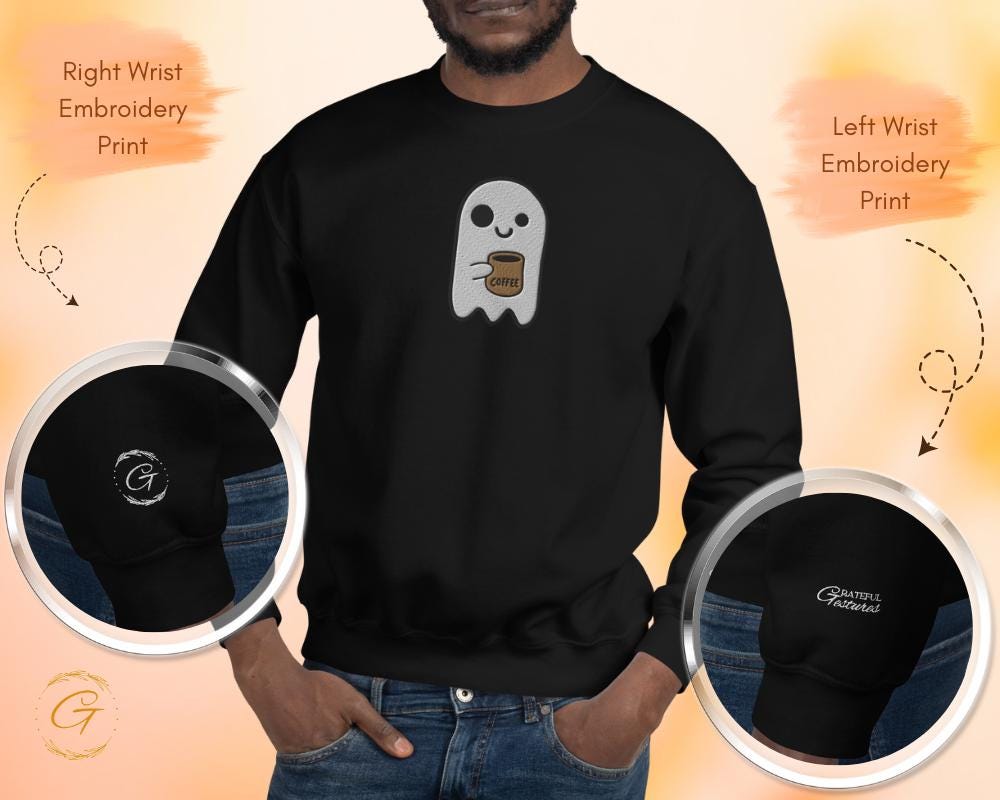 Halloween Sweatshirt, Cute Embroidery Ghost with Coffee Mug Graphic Sweatshirt Pullover Cozy Casual Long-Sleeve Warm-Up Top Ghost Lover Gift
