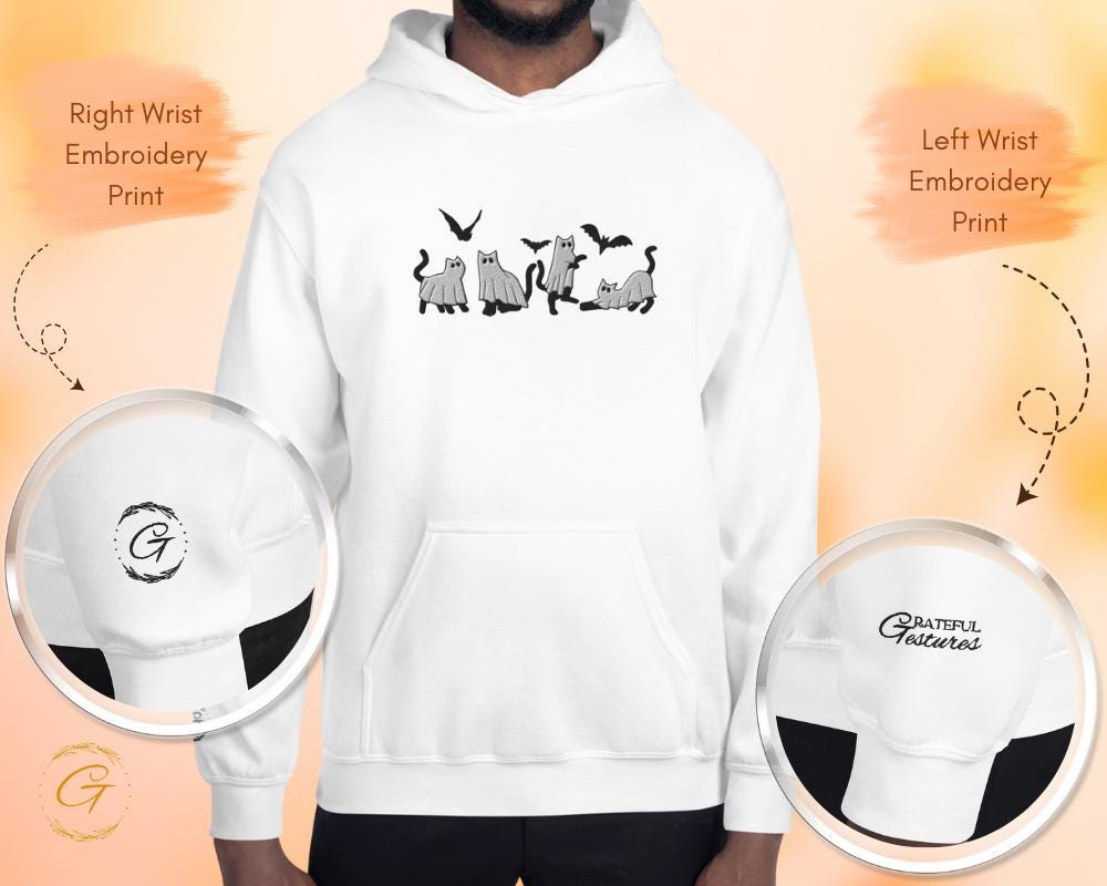 Halloween Hoodie, Cute Embroidery Cats Ghost Hoodie, Spooky Hooded Sweatshirt Spooky Ghost Cats Design Hooded Pullover   Hooded Top for Fall