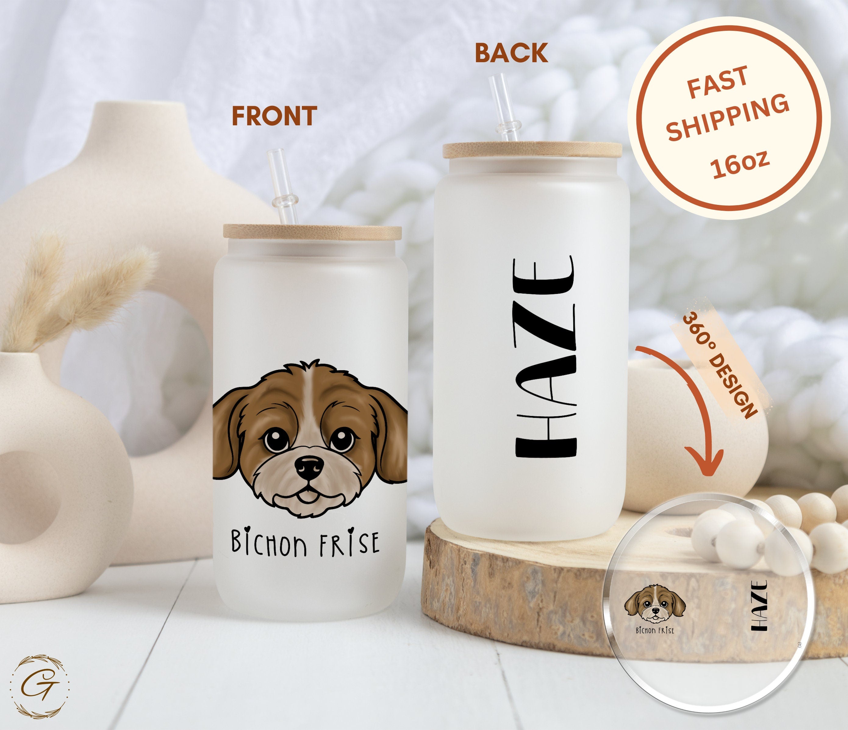 Bichon Frise Dog Design Frosted Glass Cup