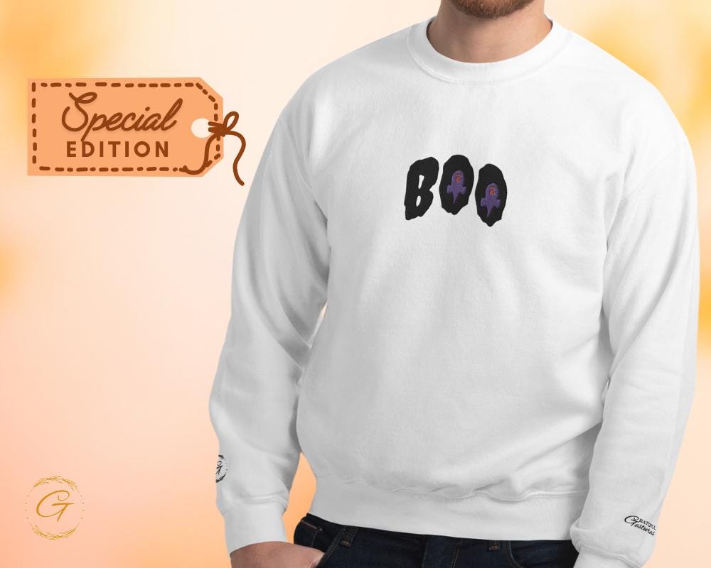 Halloween Sweatshirt, Embroidery Design Boo Spooky Pullover Halloween Crewneck Halloween Boo Long-Sleeve Top Cute Casual Sweater Warm-Up Top