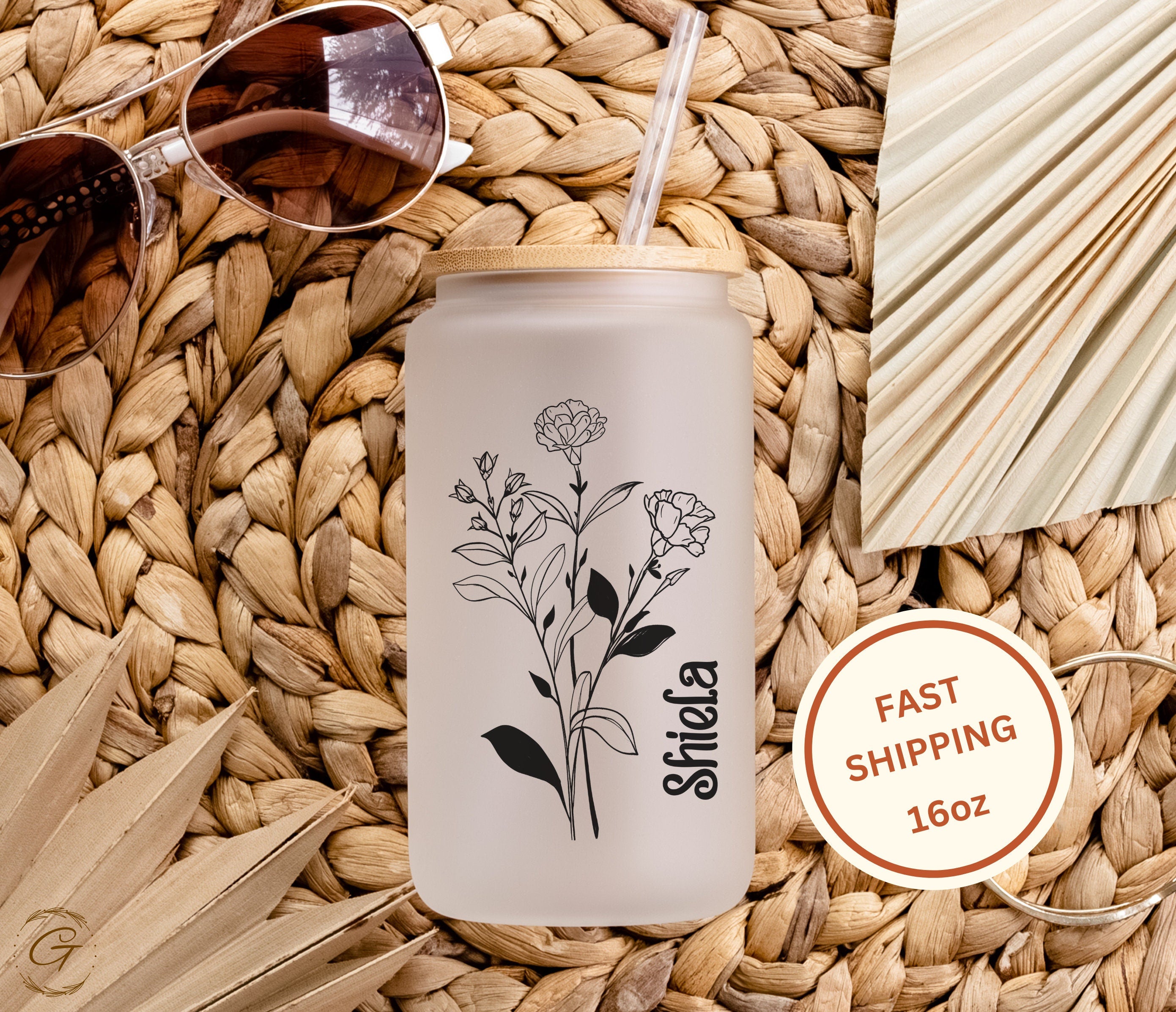 Personalized Birth Month Flowers  Frosted Glass Cup Tumbler  Custom Frosted Design Perfect Personalized Gift, Unique Keepsake Cup Ideal Gift