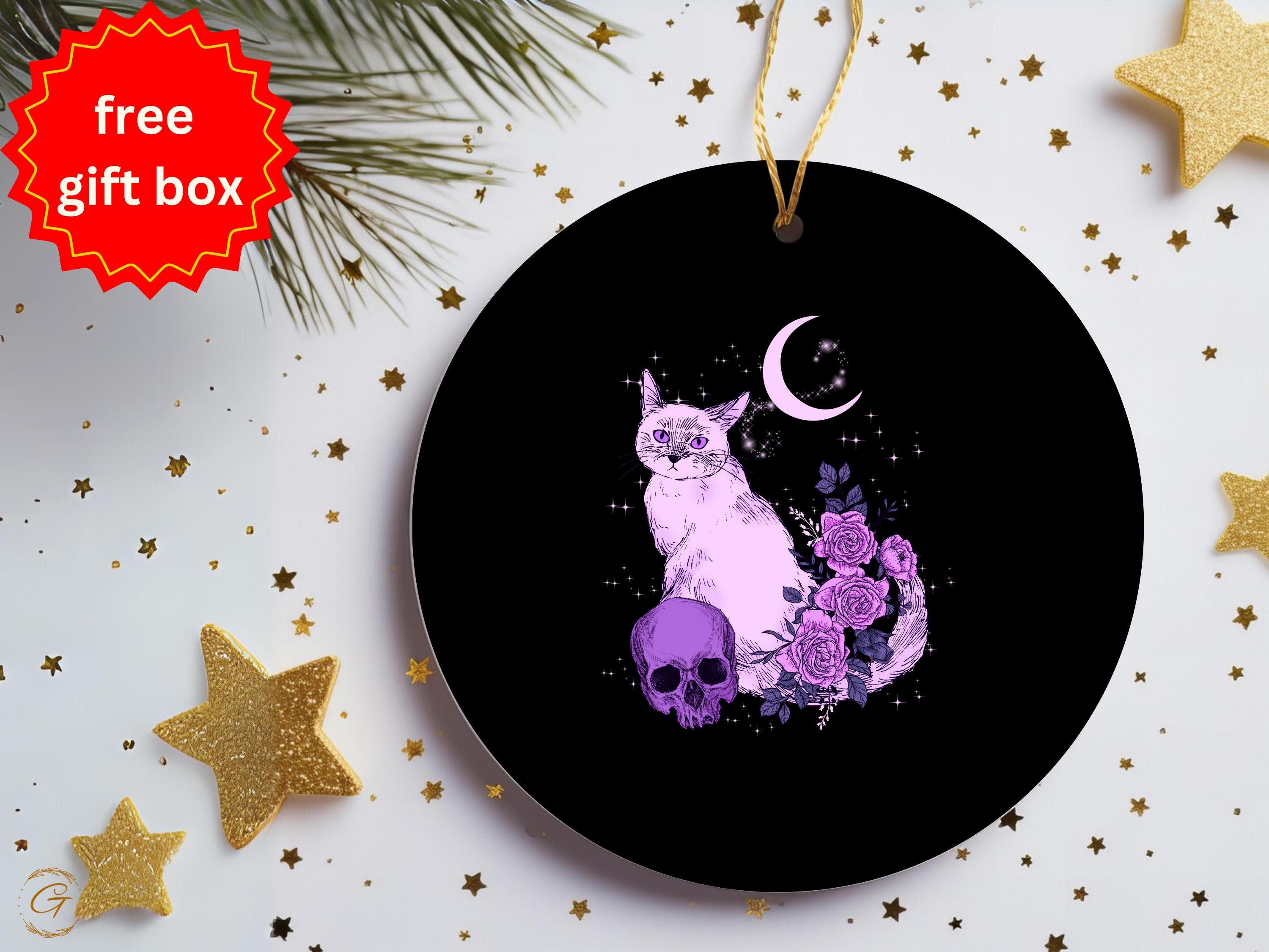 Gothic Black Cat Art Ornament, Moon and Roses Decor, Purple Cat Print, Mystical Home Decoration, Halloween Witchy Ornament Gift, Spooky Gift