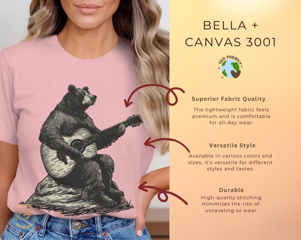 Bear Playing Guitar Graphic Tee, Funny Bear T-Shirt Design