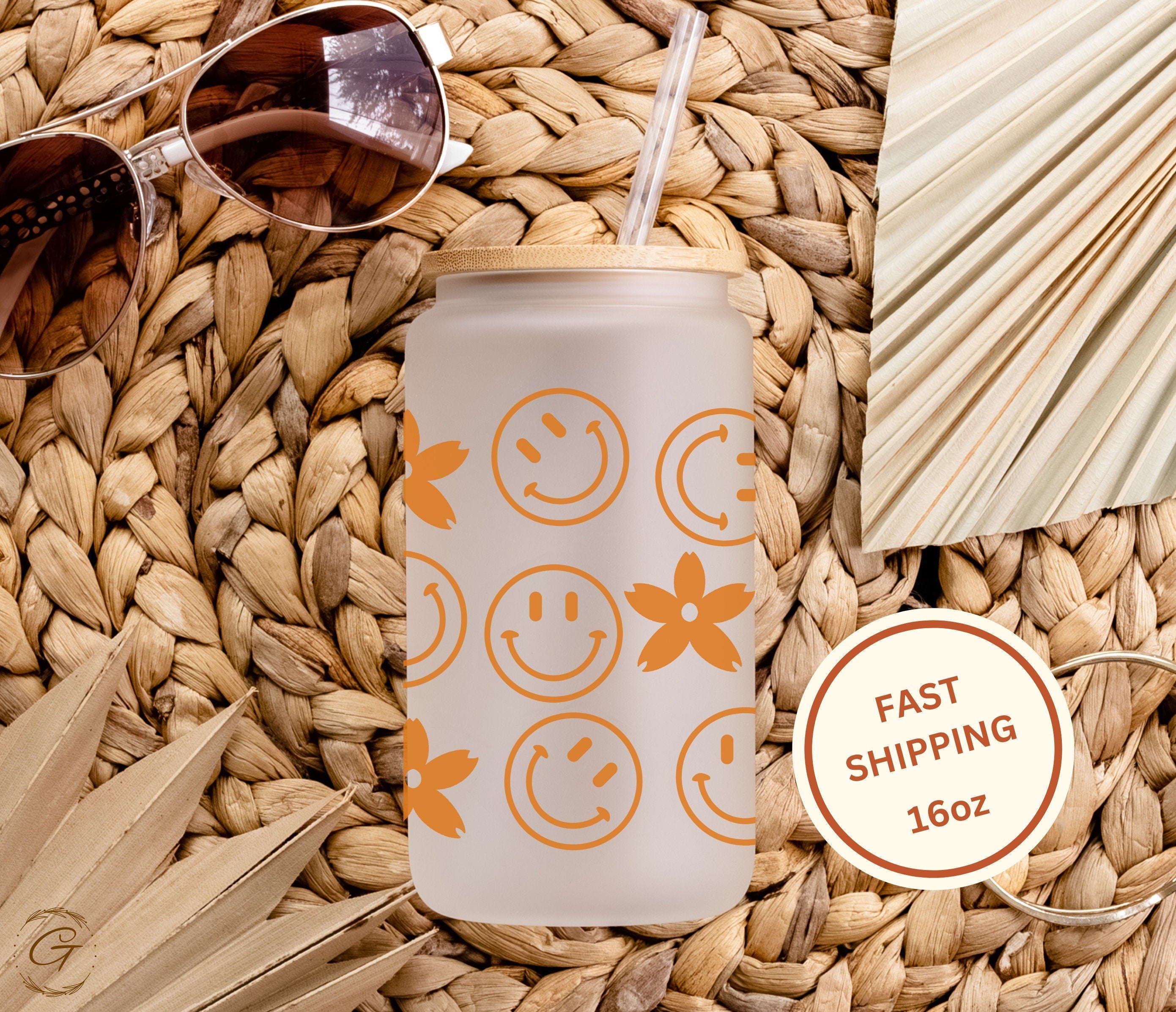 Trendy 16-oz Frosted Libbey Glass Cup with All-Over Smiley Floral Icons – Perfect for Drinks, Gifts For Her,  Customizable Options Available