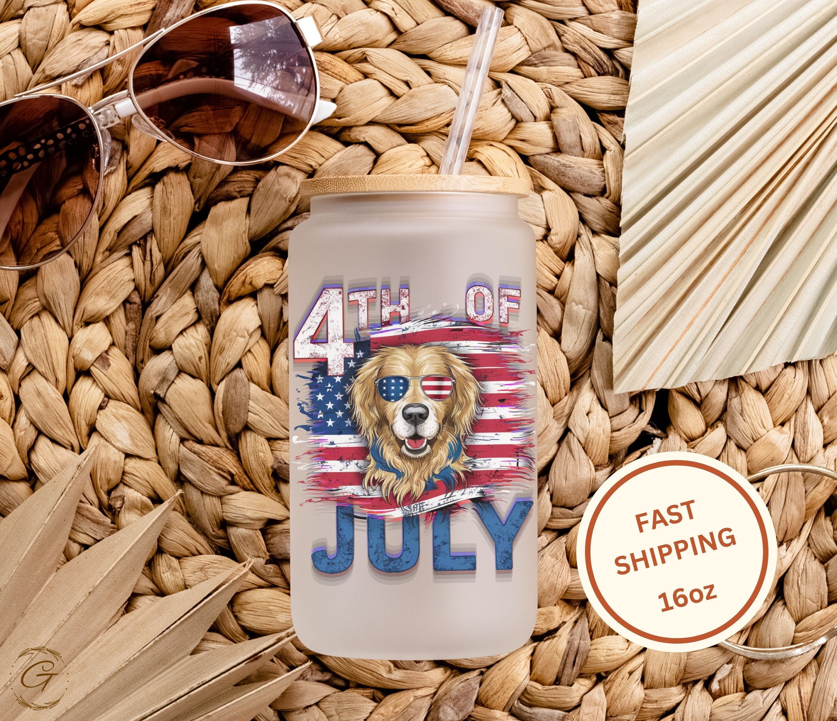 4th of July Frosted Cup with Lid & Straw, Dog in Sunglasses, Summer Party Gifts, Patriotic Holiday Drinkware, Memorable Gifts for Pet Owners