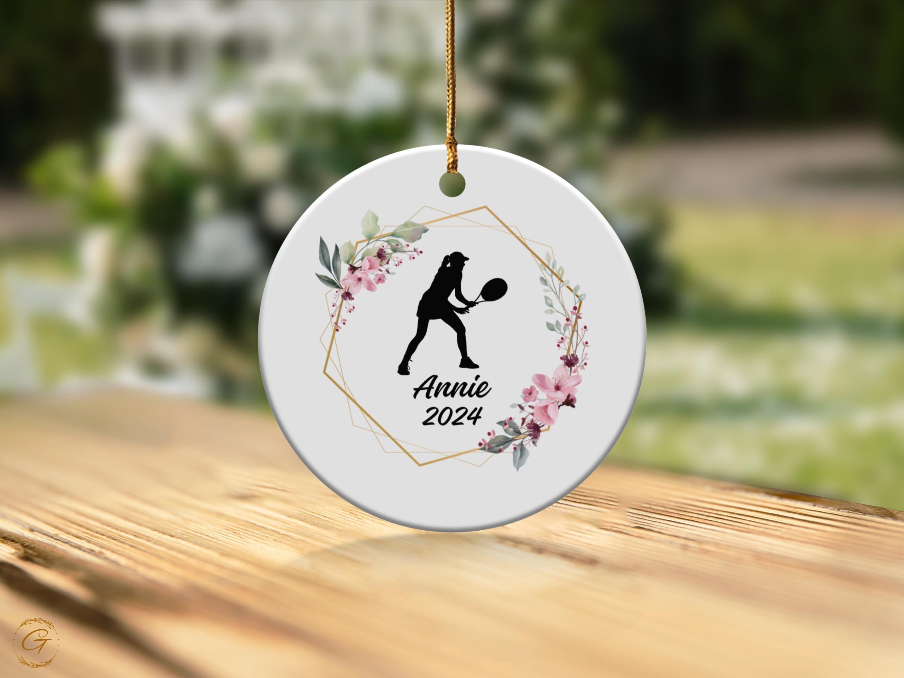 Custom Tennis Ornament, Personalised Sports Gifts, Female Tennis Player, Floral Decoration, Unique Christmas Keepsake, Gift for Tennis Lover