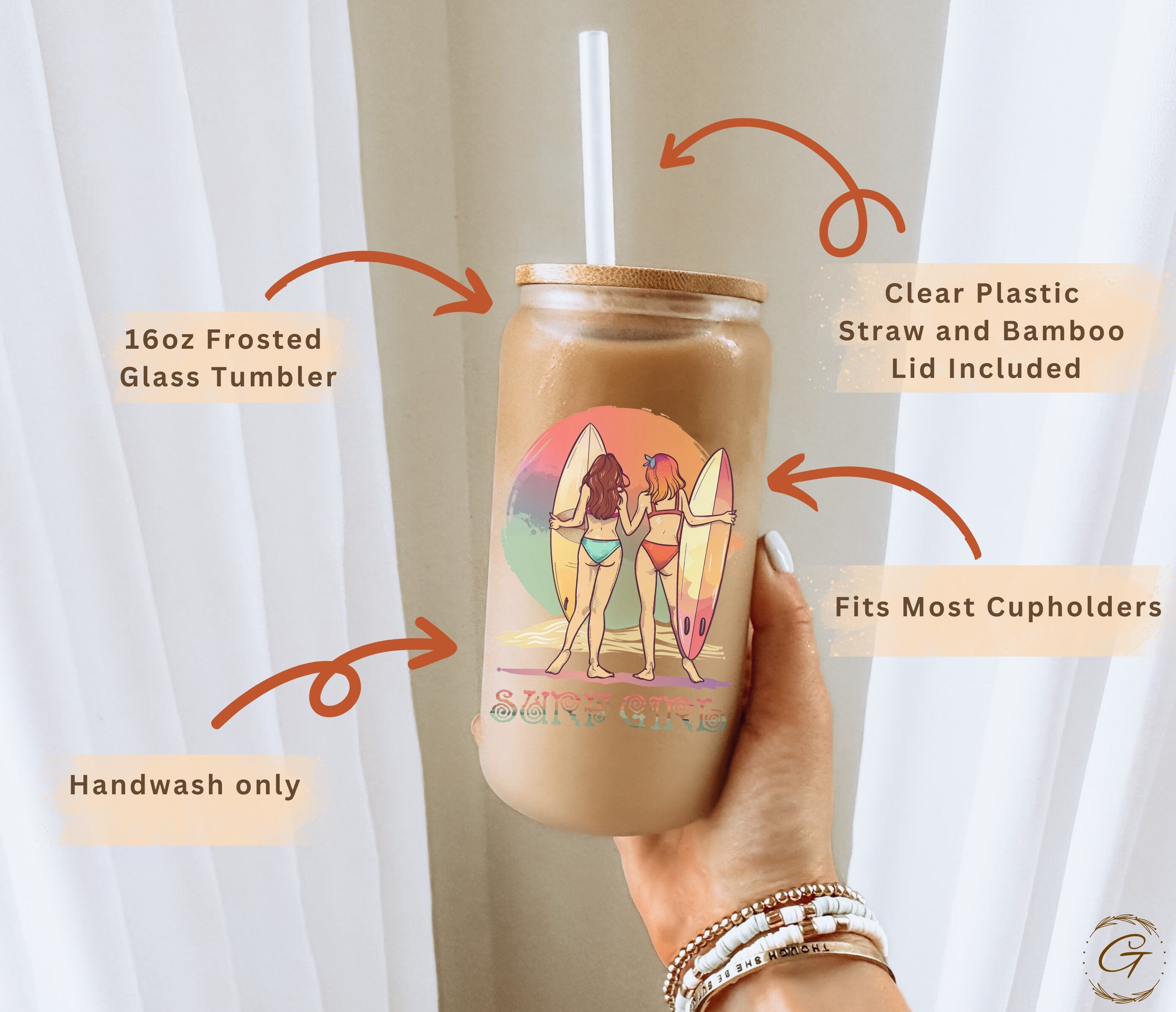 Retro Surf Girls Design Personalized Name Frosted Glass Cup