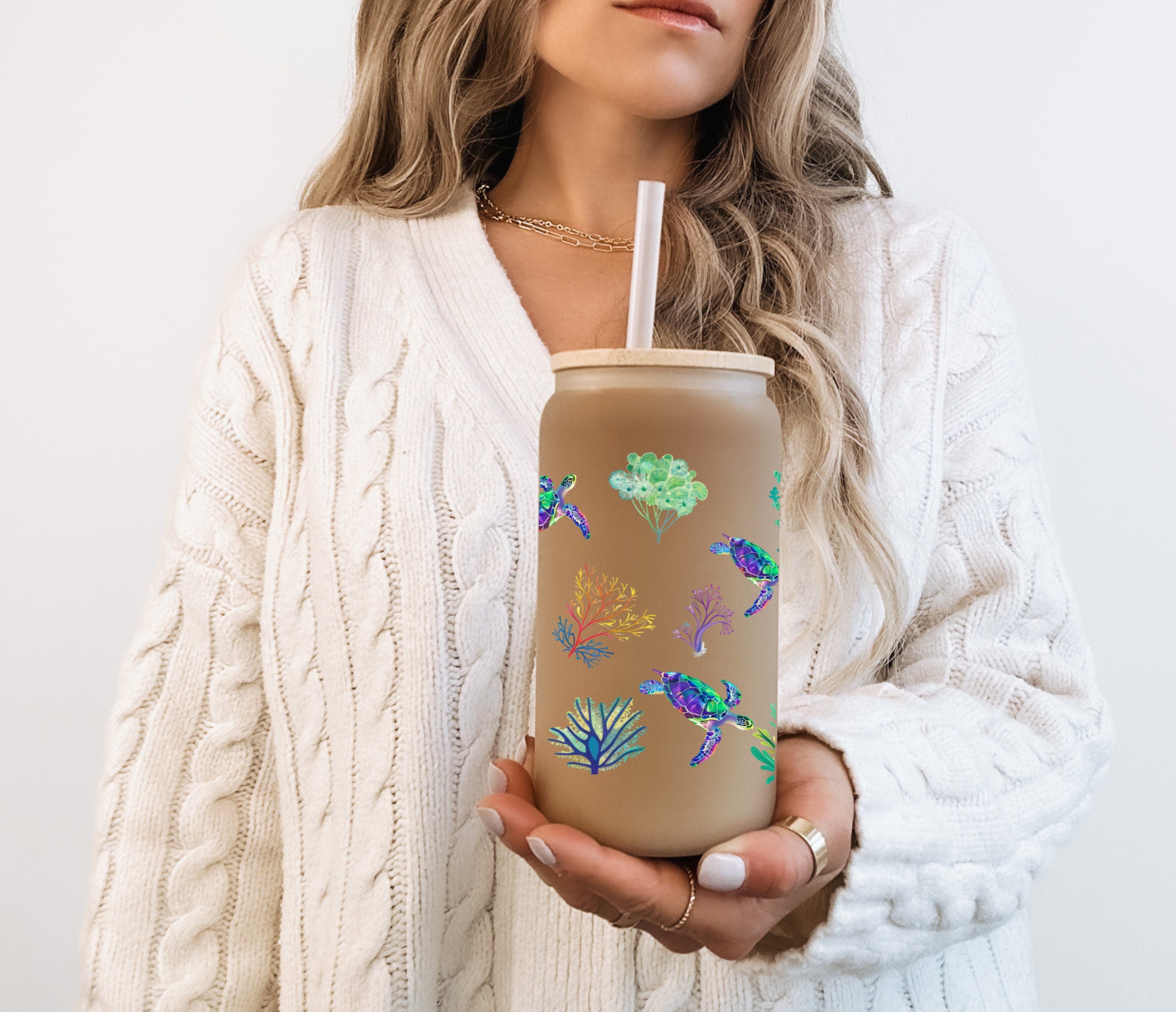 Colorful Turtles and Corals Frosted Glass Tumbler