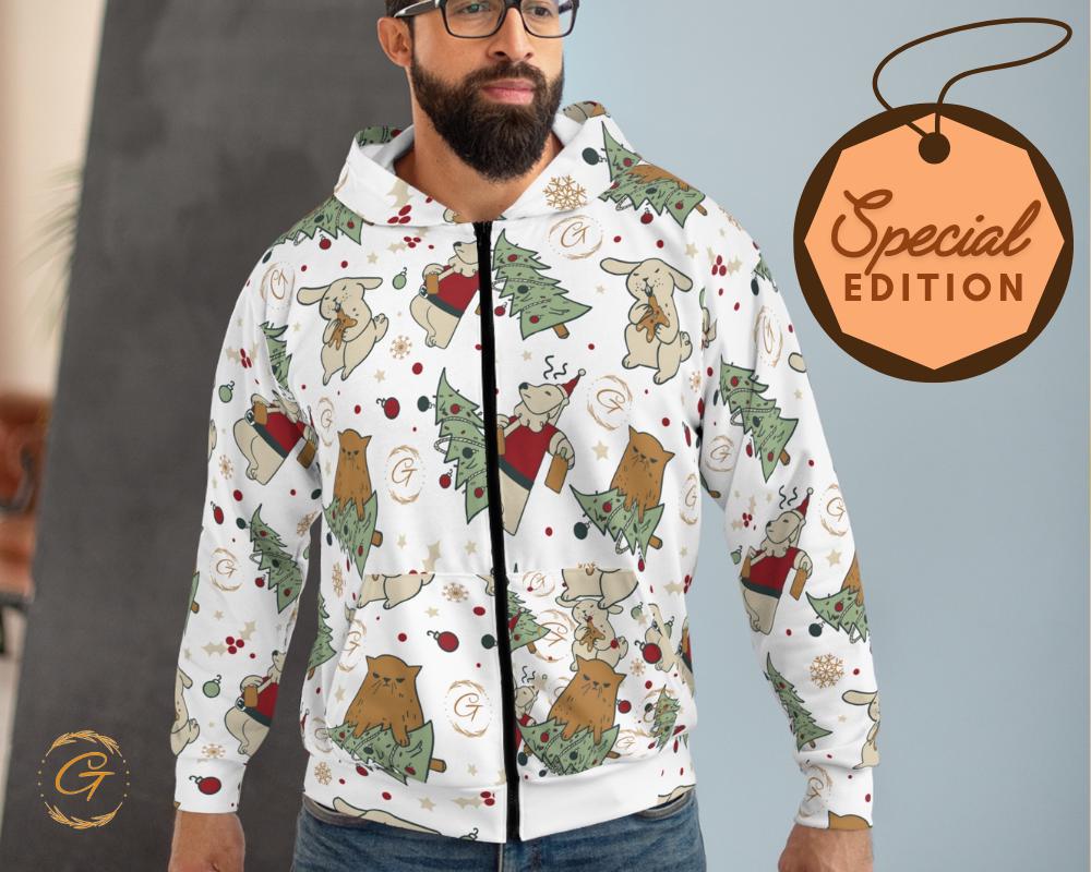 Anti Christmas White Design Unisex Zip Hoodie All-Over Print Holiday Sweatshirt