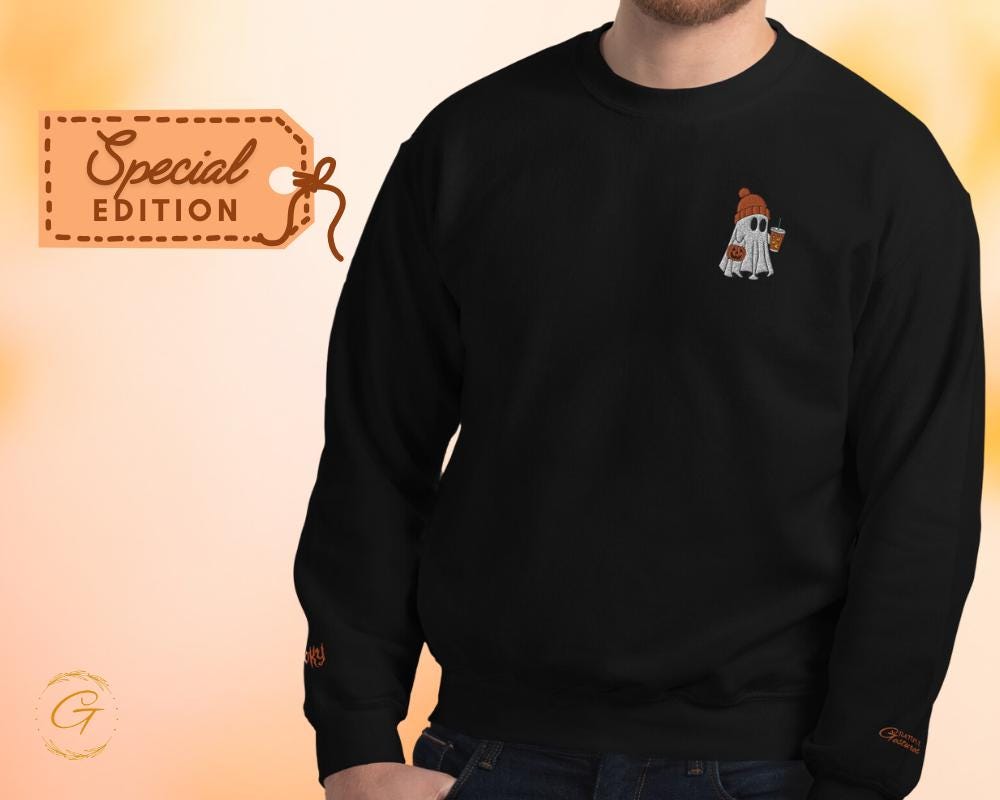 Halloween Ghost Sweatshirt, Spooky Iced Coffee Ghost Pullover Halloween Casual Crewneck, Long-Sleeve Ghost Top Pumpkin Ghost Warm-Up Sweater