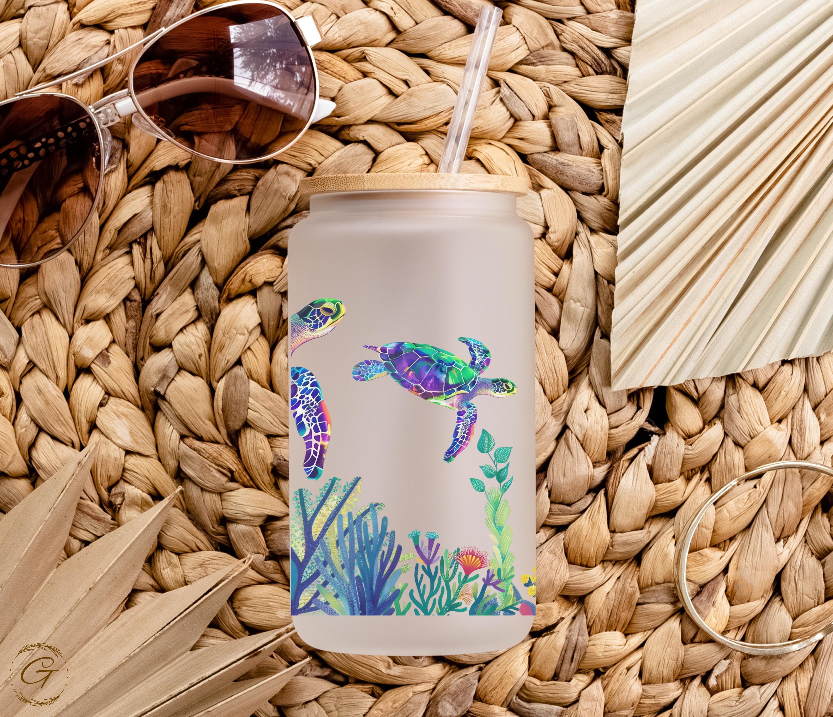 Ocean Turtles and  Corals Design Frosted Glass Cup