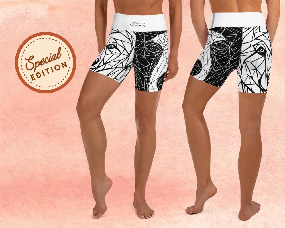 AOP High-Waisted Yoga Shorts with Geometric Bear Mosaic Design