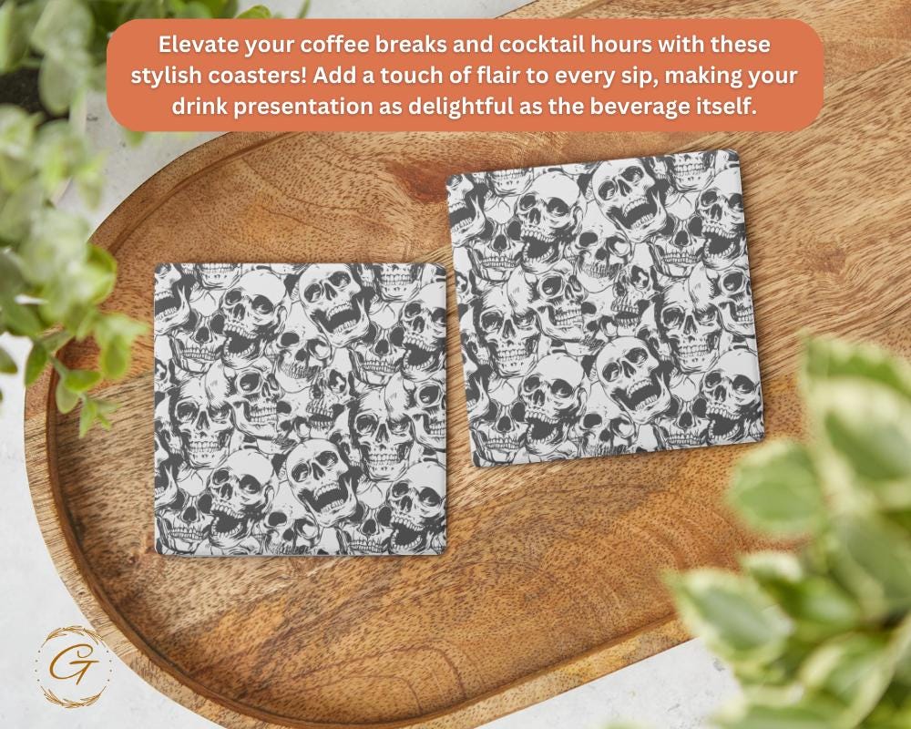Skull Pattern Square Soapstone Coasters with Cork Backing