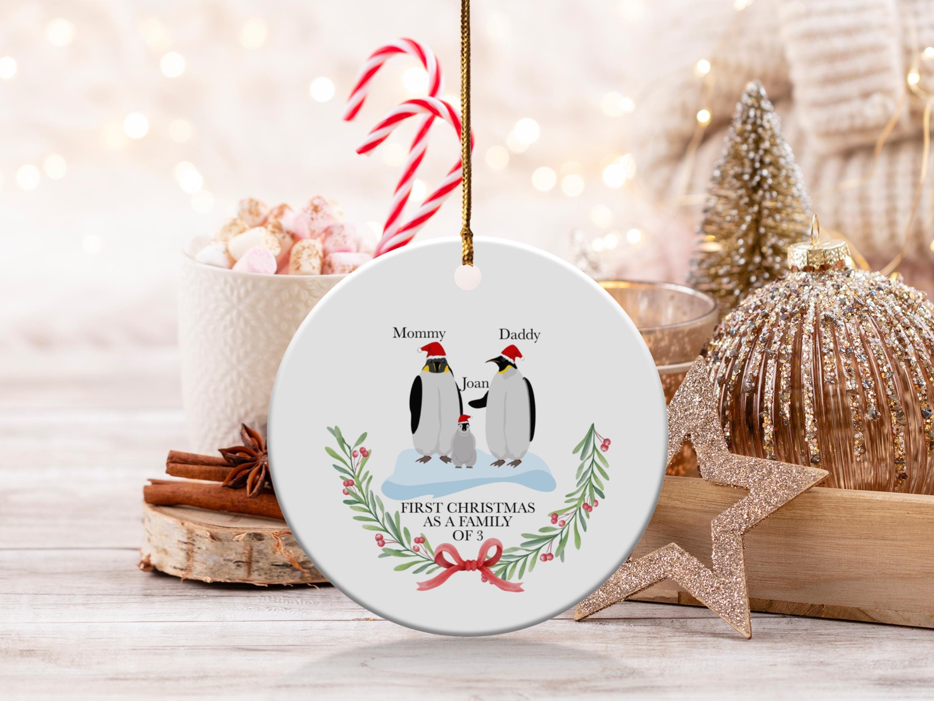 Personalized Family Christmas Ornament, First Christmas as a Family of 3 Ornaments, Penguin Family Holiday Decoration, Custom Names Penguins