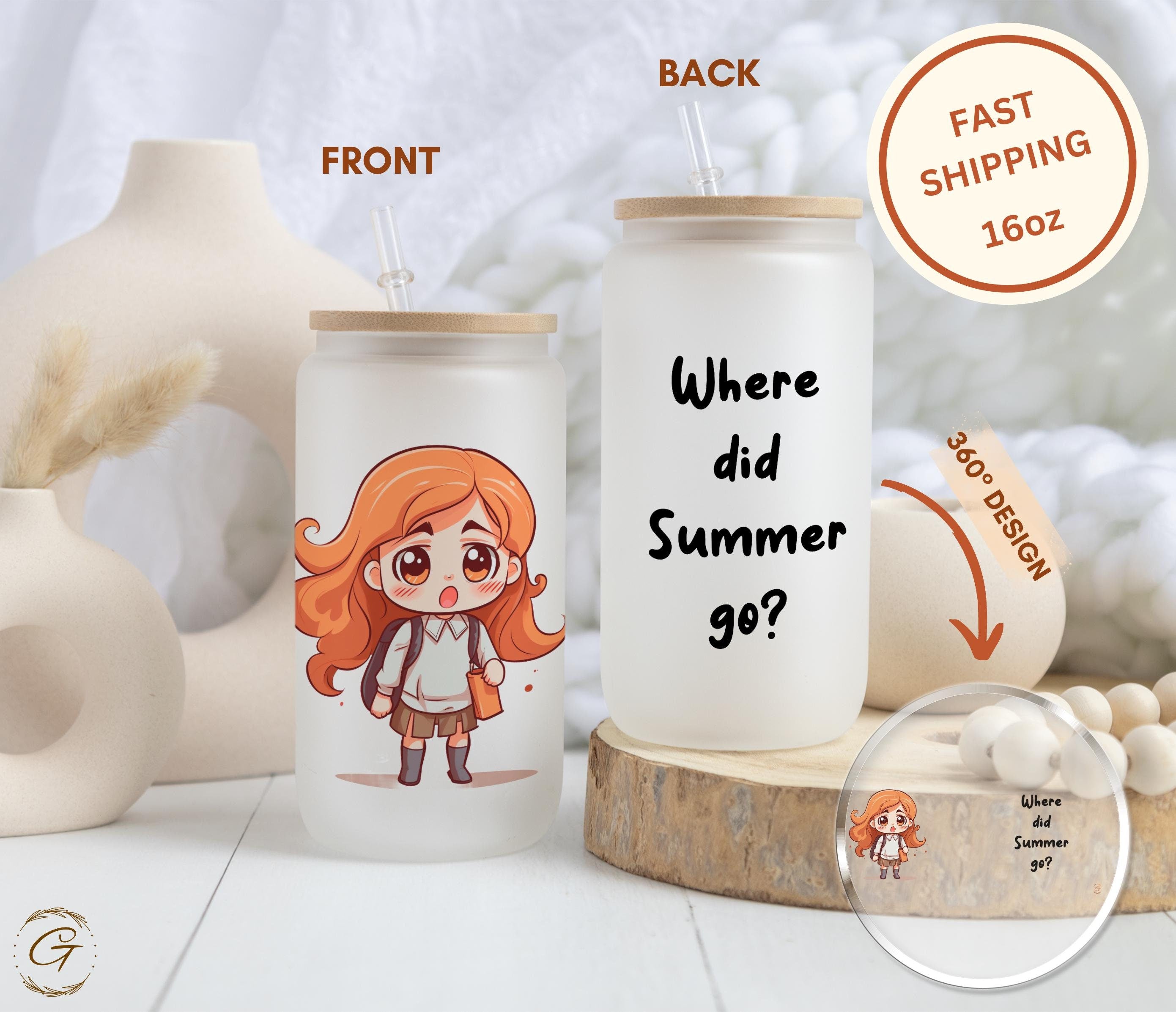 Chibi Art Girl "Where did Summer go?" Design Frosted Glass Cup