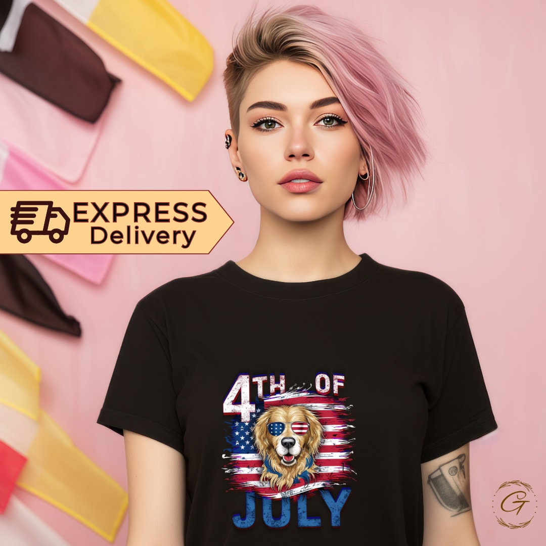 4th of July T-Shirt,  US Flag with Golden Retriever Dog Design Tee