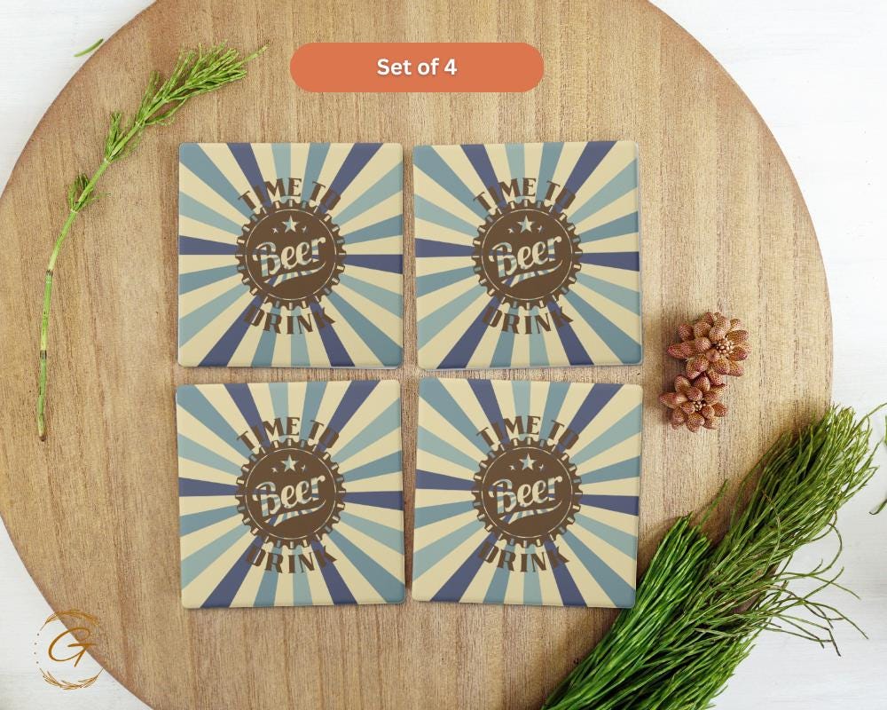 Soapstone Coaster with Time To Drink Beer Retro Design, Unique Cork Backing Cool Bar Coasters, Perfect Gift for Beer Lovers, Drinkware Decor