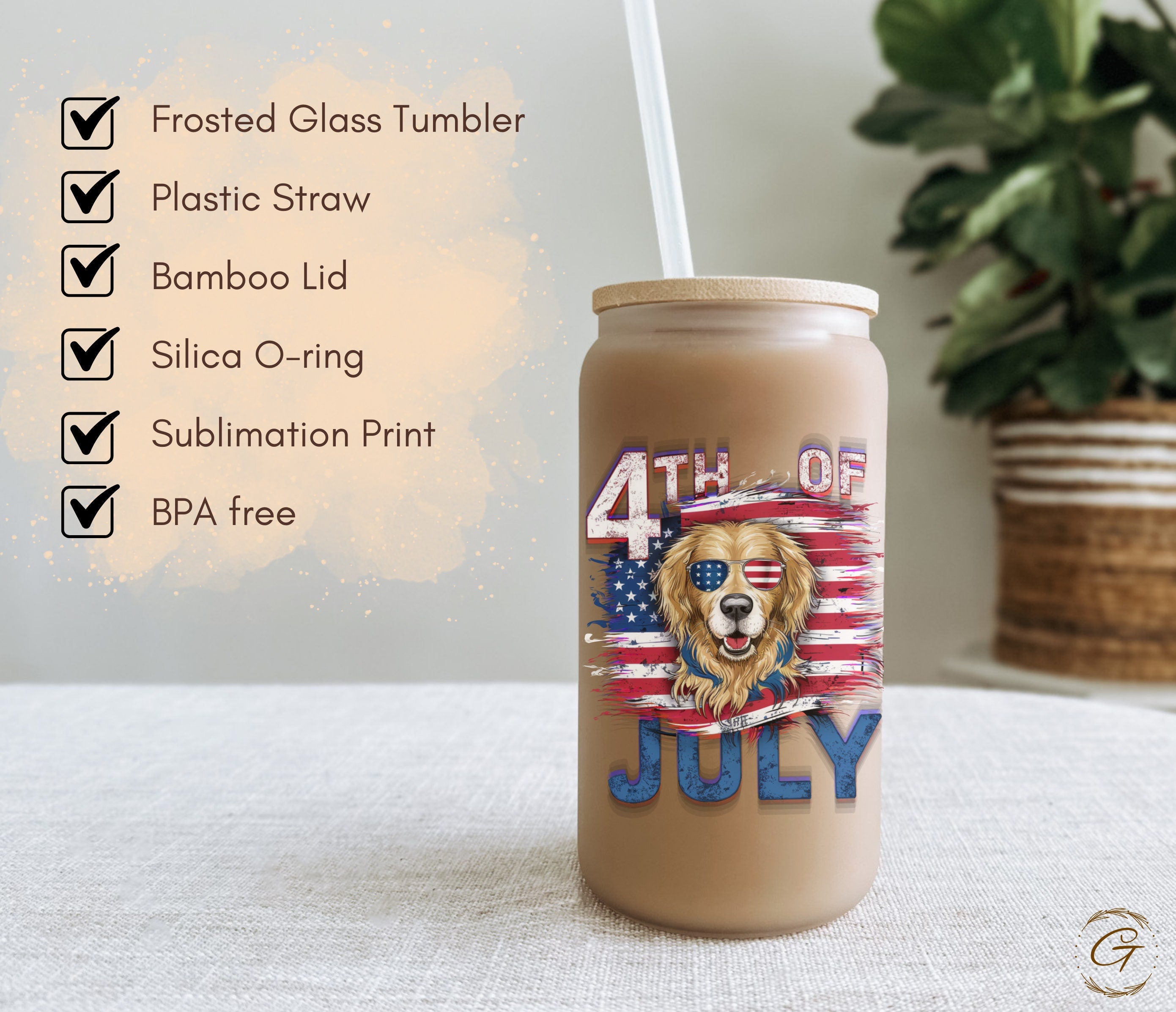 4th of July Frosted Cup with Lid & Straw, Dog in Sunglasses, Summer Party Gifts, Patriotic Holiday Drinkware, Memorable Gifts for Pet Owners