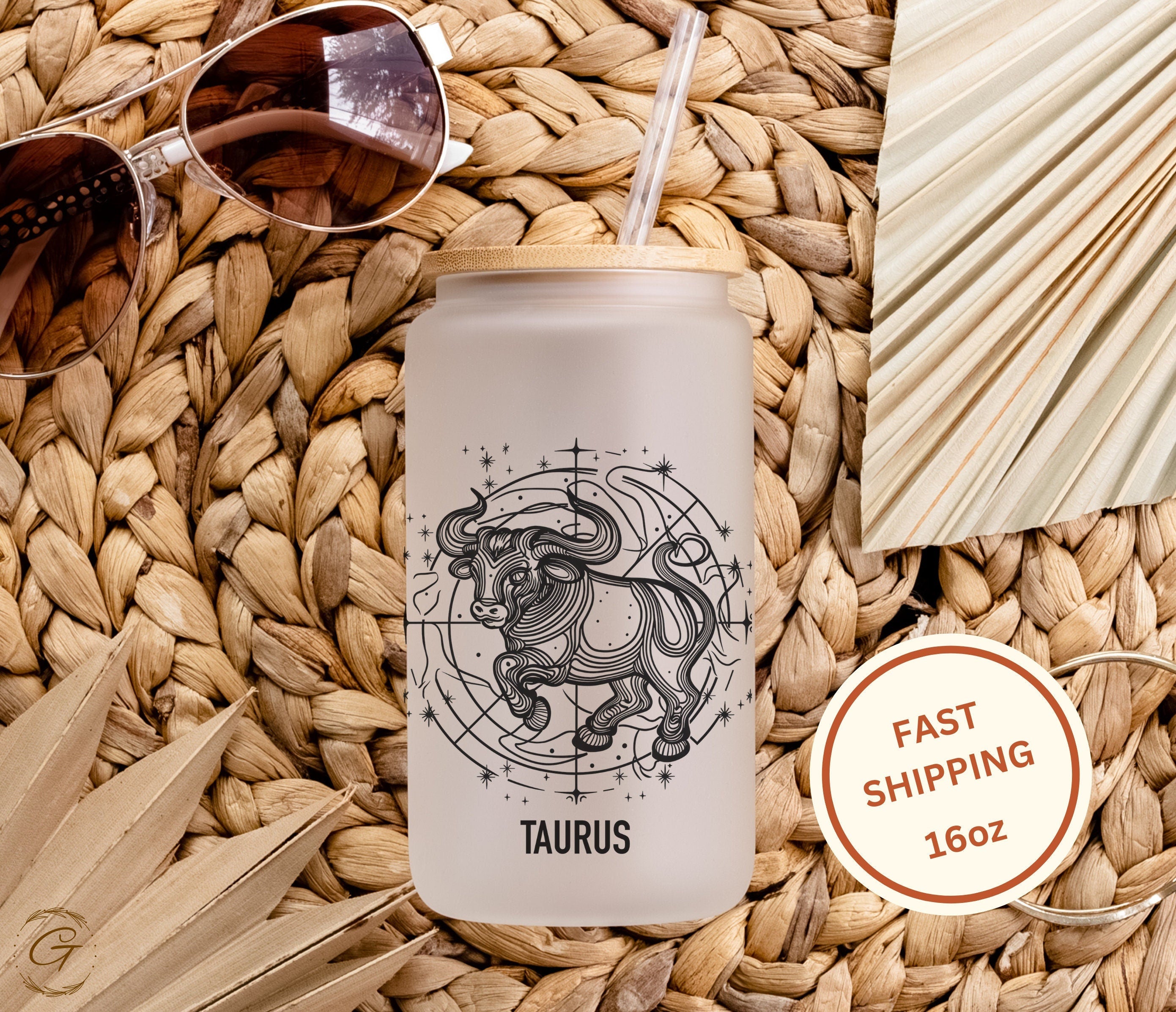 Zodiac Taurus Frosted Glass Cup, Astrology Bull Print Libbey Cup Custom Name