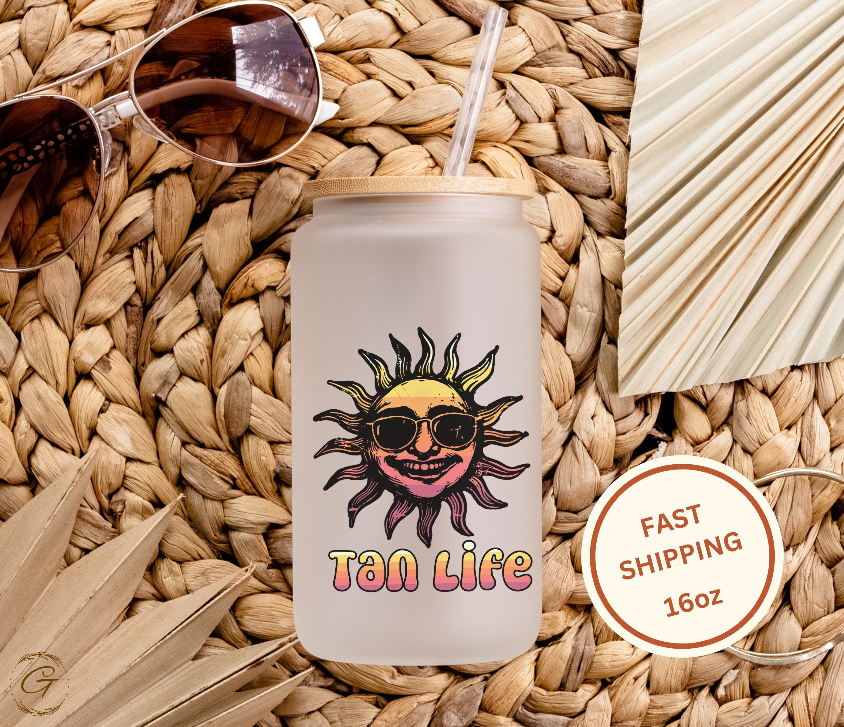 Tan Life Sun Design Frosted Glass Cup