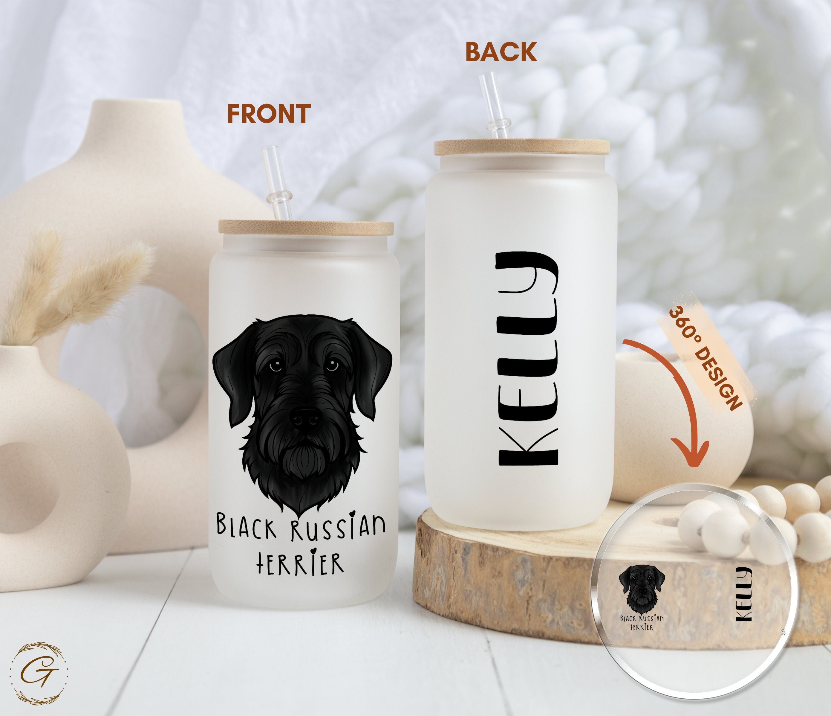 Black Russian Terrier Design Frosted Glass Cup Personalized Dog Breed Coffee Cup