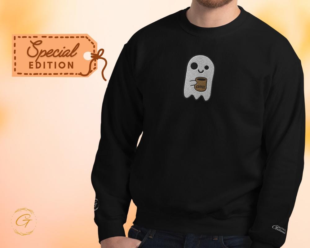 Halloween Sweatshirt, Cute Embroidery Ghost with Coffee Mug Graphic Sweatshirt Pullover Cozy Casual Long-Sleeve Warm-Up Top Ghost Lover Gift