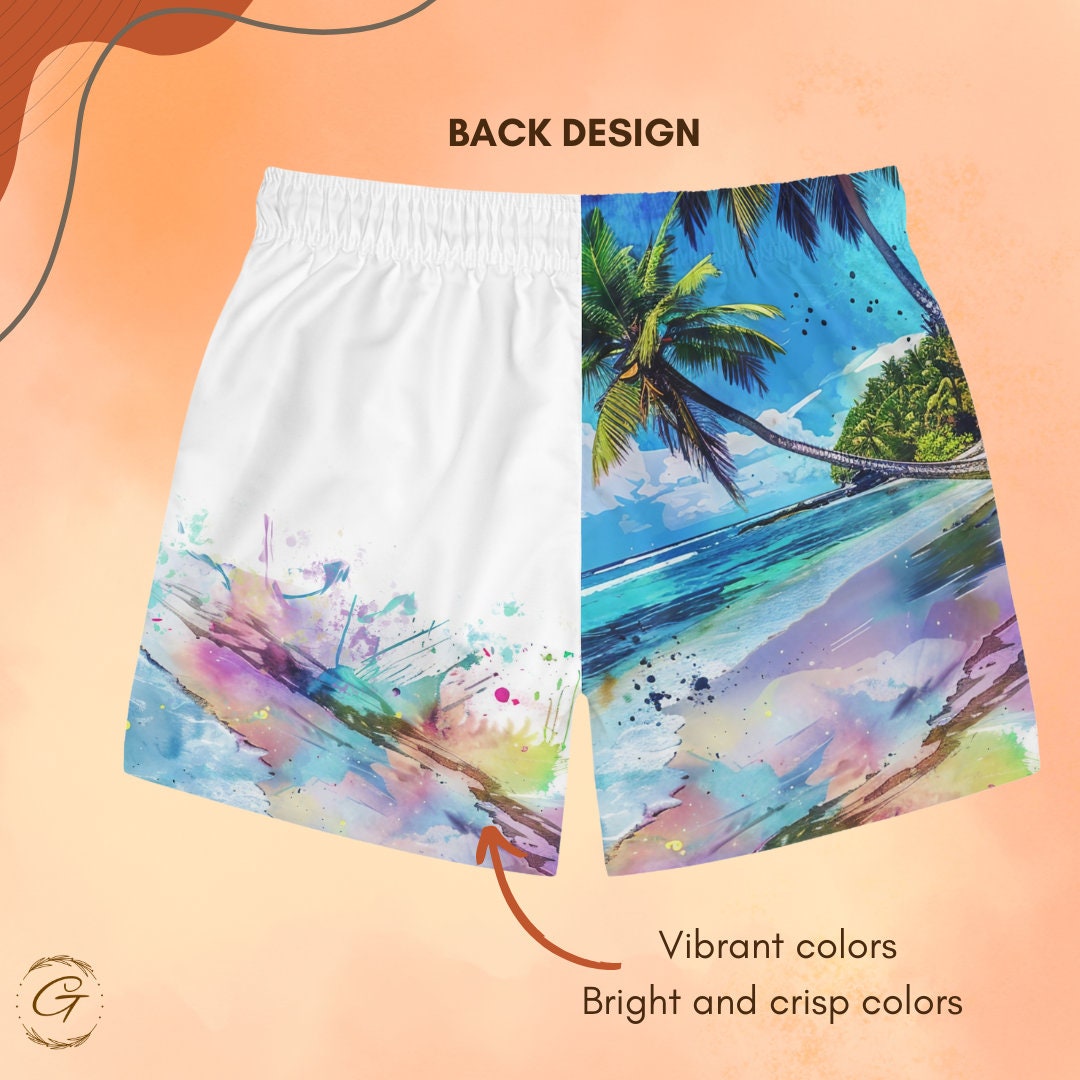 Colorful Tropical Beach Design Swim Shorts for Men,  Stylish AOP Summer Beachwear,  Holiday Gift,  Perfect for Vacation,  Essential Swimwear