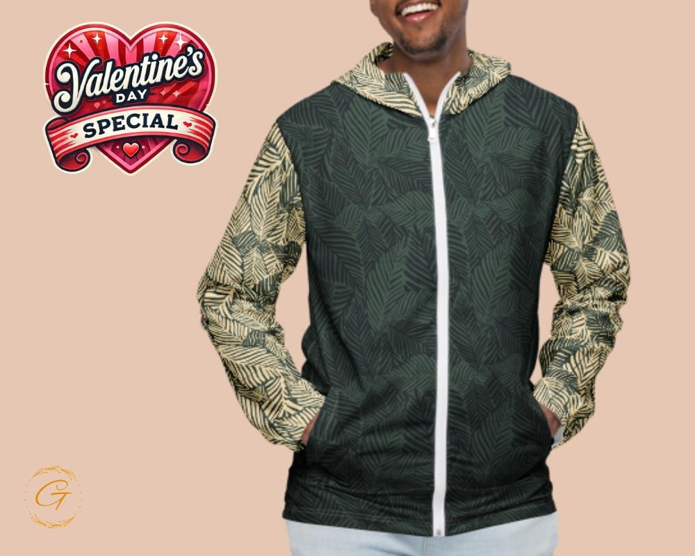 Men’s Windbreaker Leaves Design, Stylish Zip-Up Jacket