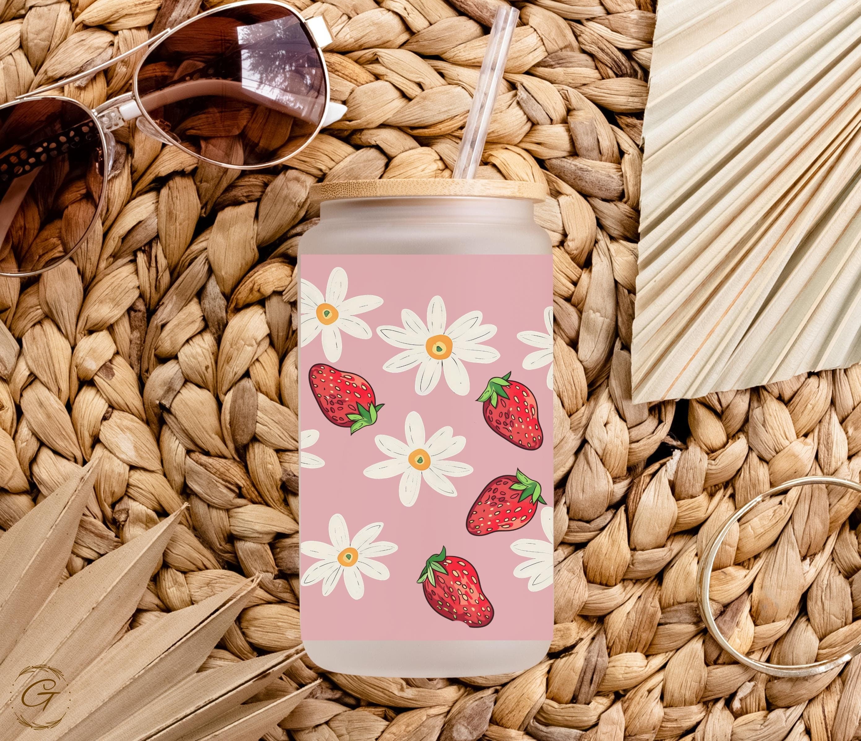 Strawberry and Daisy Design Frosted Glass Cup