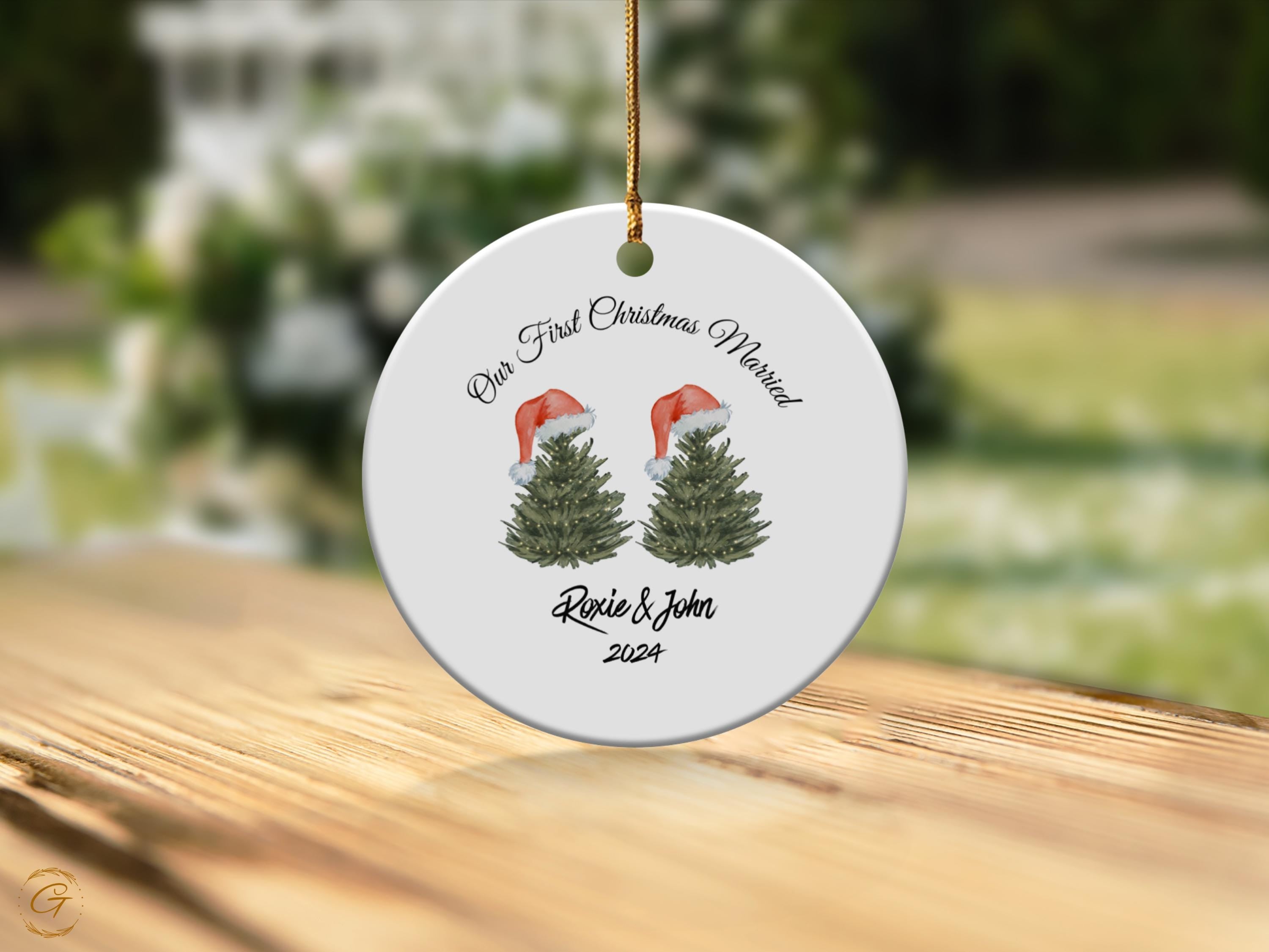 Personalized First Christmas Married Ornament, Anniversary Keepsake Gift, Christmas Tree Design with Santa Hats 24 Edition, Holiday Keepsake