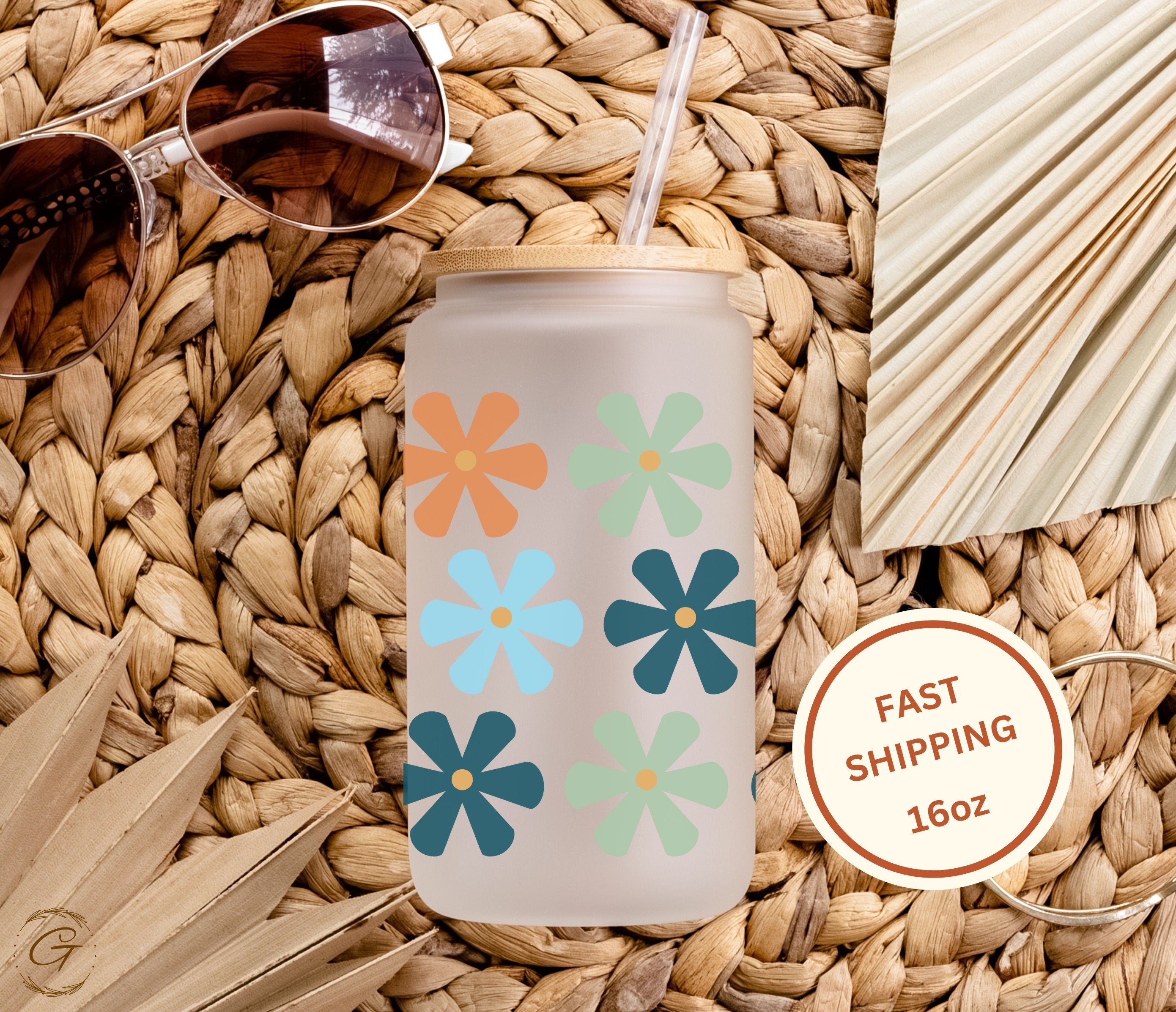 Daisy Flowers Frosted Libbey Glass 16oz Floral Print Iced Coffee Glass, Perfect for Summer Beverage, Birthday Gift for Her, Best Friend Gift