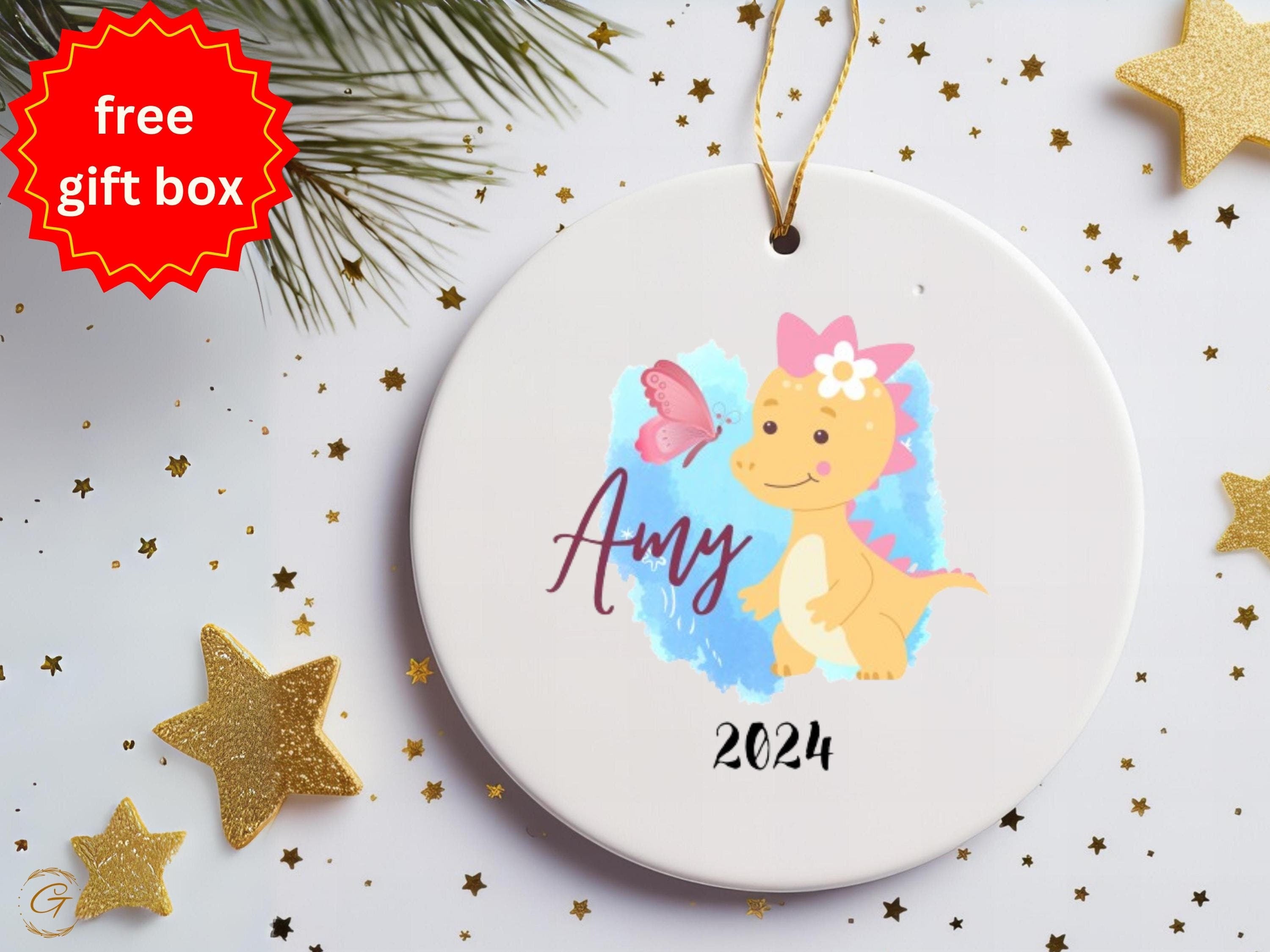 Personalized Cute Baby Dinosaur Ornament with Butterfly