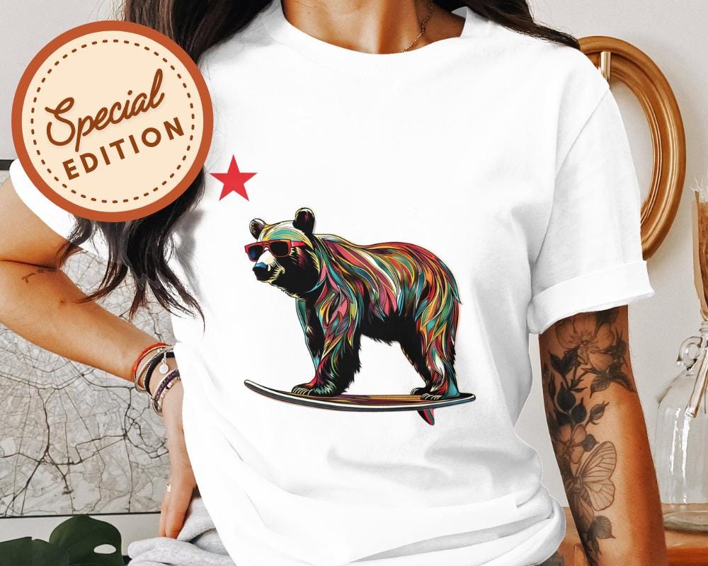 Colorful Bear Tee Surfing Design T-Shirt