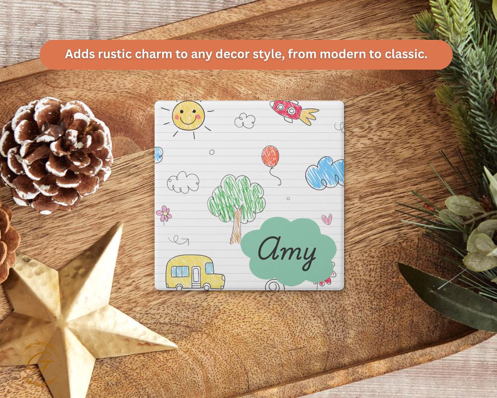 Personalized Soapstone Coaster with Custom Kids Name Design with Cork Backing, Stylish Unique Gift for Kids, Personalized Names Drink Holder