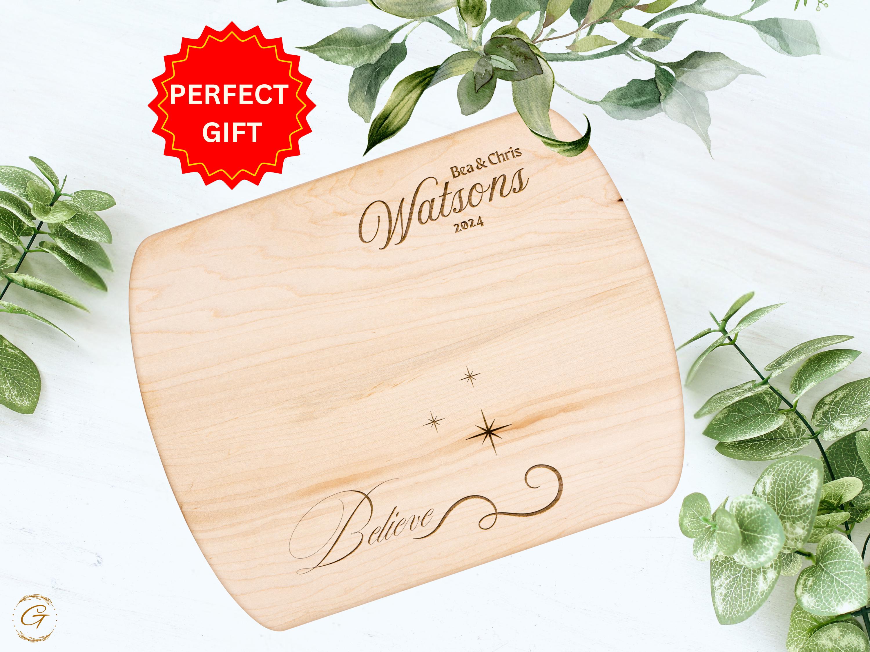 Personalized Hardwood Oval Cutting Board- "Believe" Christmas with Family Name Engraving - Custom Christmas Gift for Couples or Housewarming
