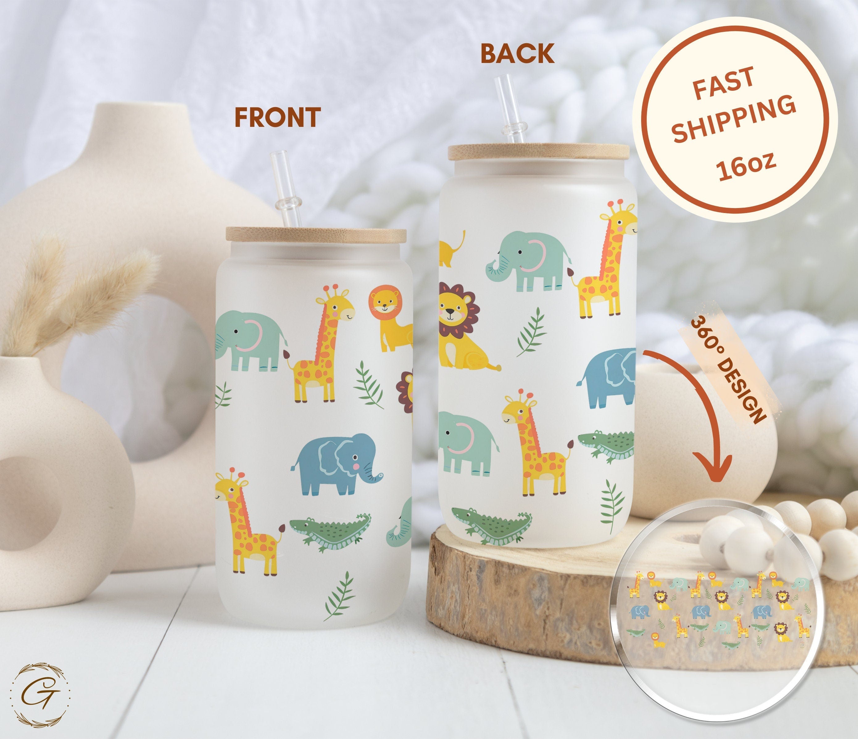 Jungle Animals Frosted Glass Cup