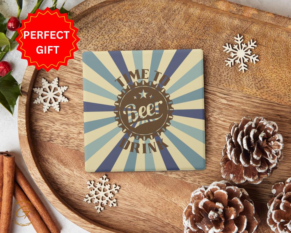 Soapstone Coaster with Time To Drink Beer Retro Design, Unique Cork Backing Cool Bar Coasters, Perfect Gift for Beer Lovers, Drinkware Decor