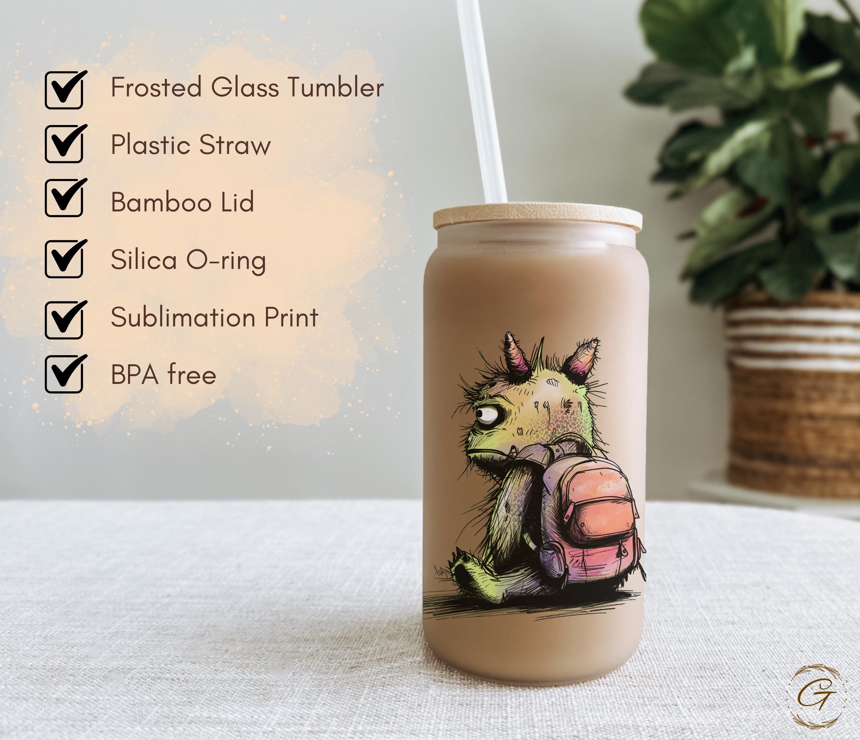 Cute Frosted Glass Cup with Summer Monster