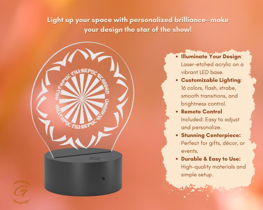Grateful Thankful Blessed Circle Acrylic LED Sign, Inspirational Wall Led Light Modern Room Decor, Unique Gift Idea, Stylish LED Home Accent