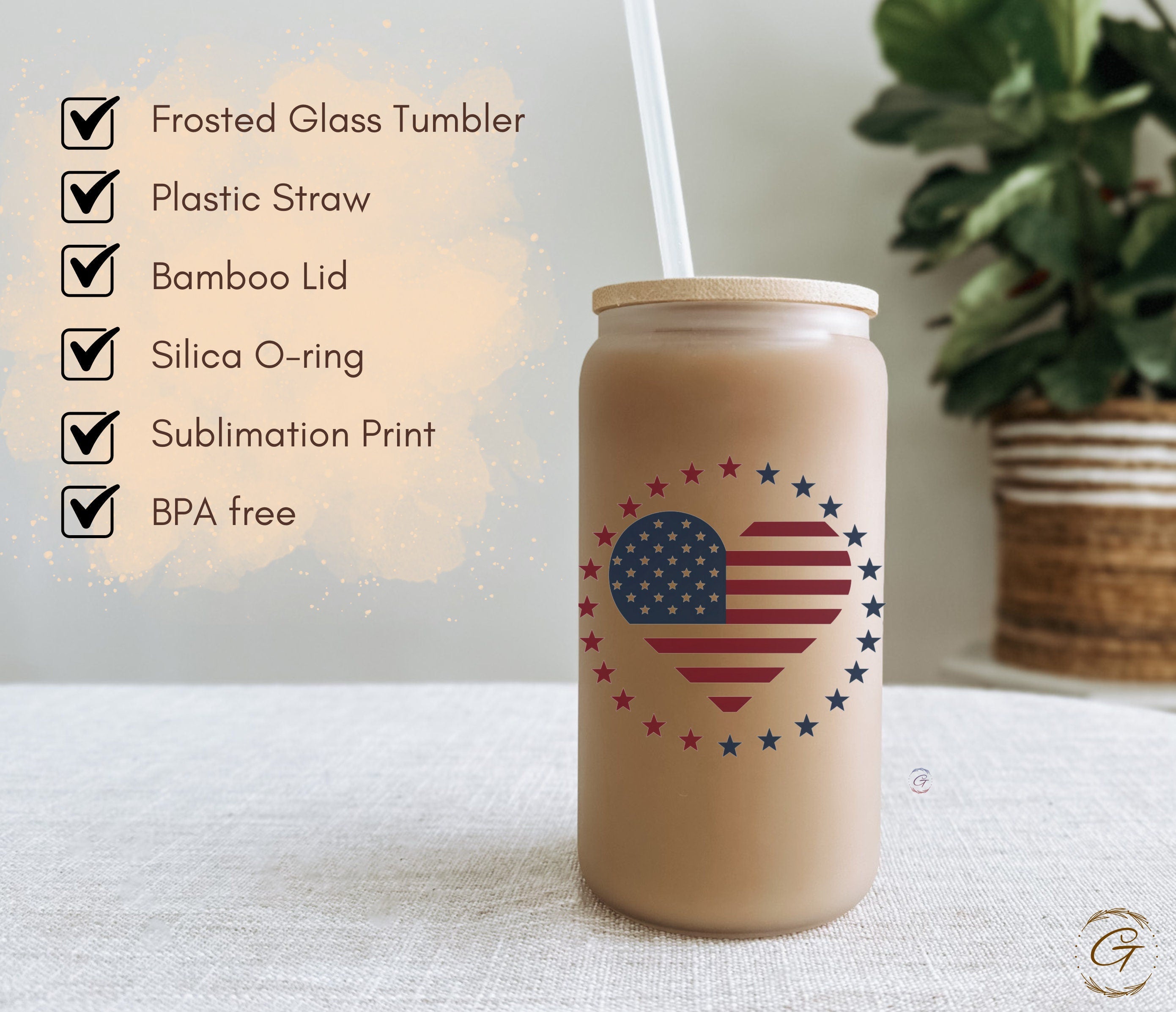 16oz Frosted Libbey Glass Cup with Patriotic Heart