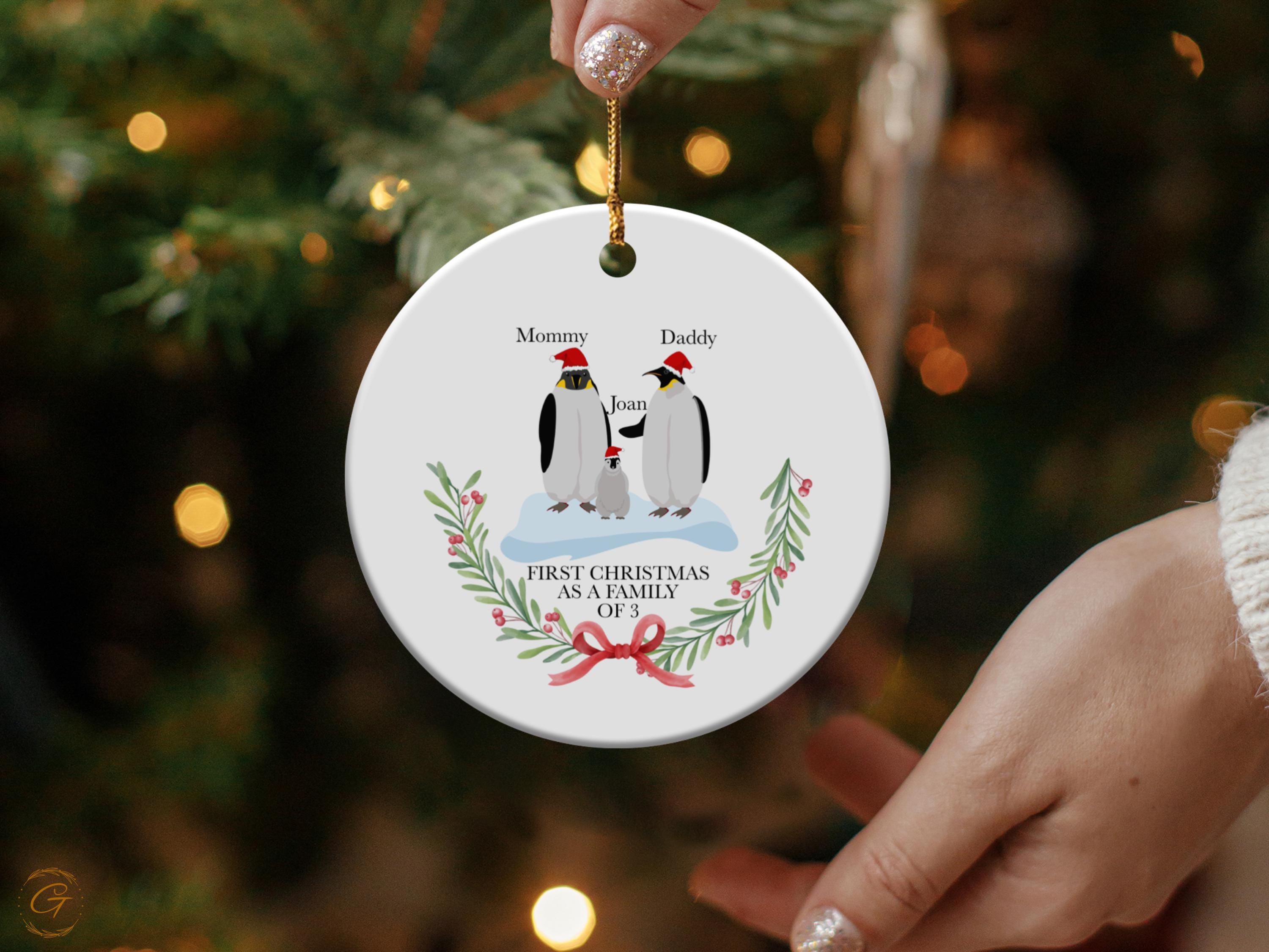 Personalized Family Christmas Ornament, First Christmas as a Family of 3 Ornaments, Penguin Family Holiday Decoration, Custom Names Penguins