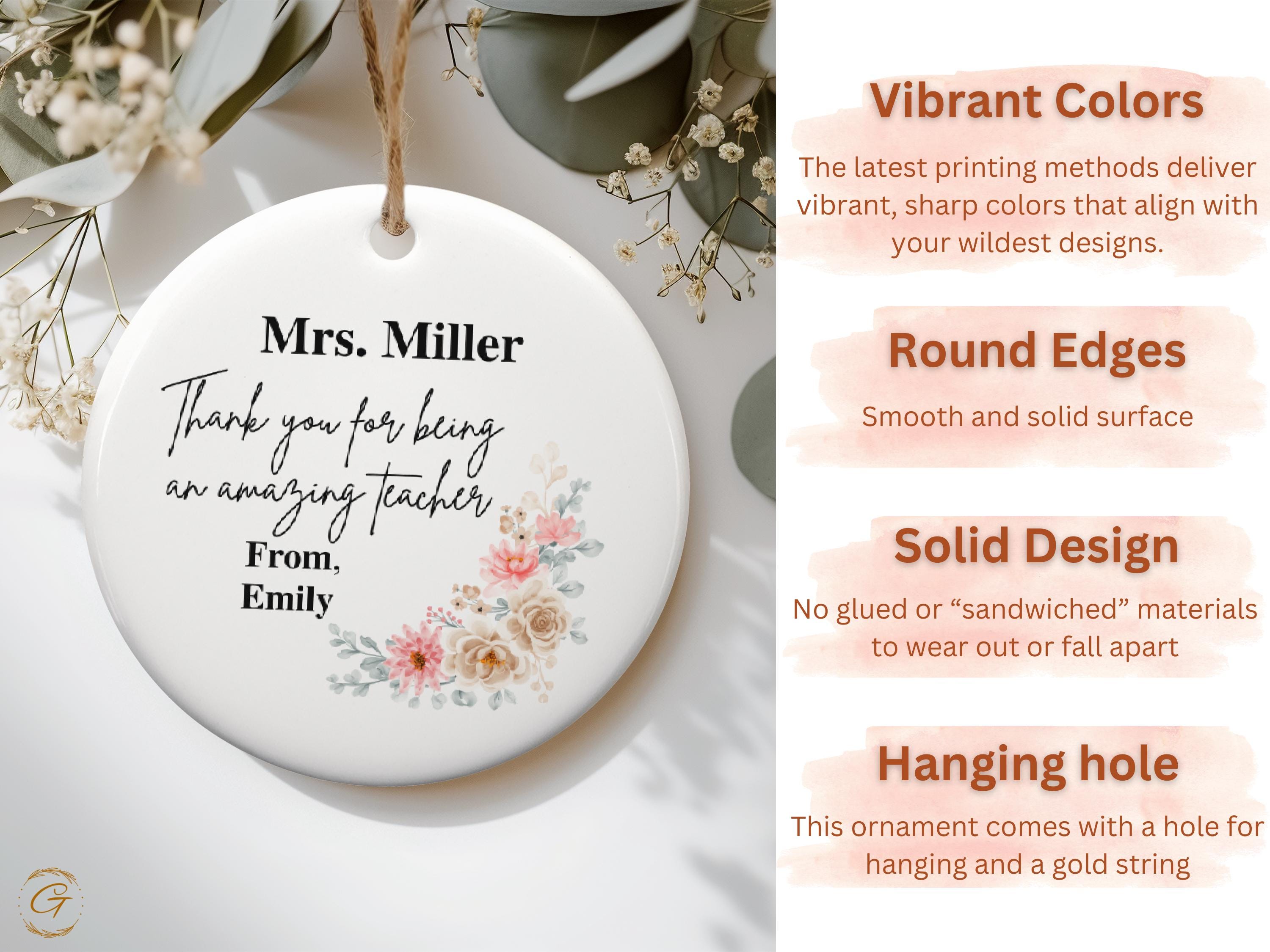 Personalized Teacher Appreciation Ornament, Thank You Gift for Teacher, Custom Floral Design, Teacher Keepsake, Gift to Teacher from Student
