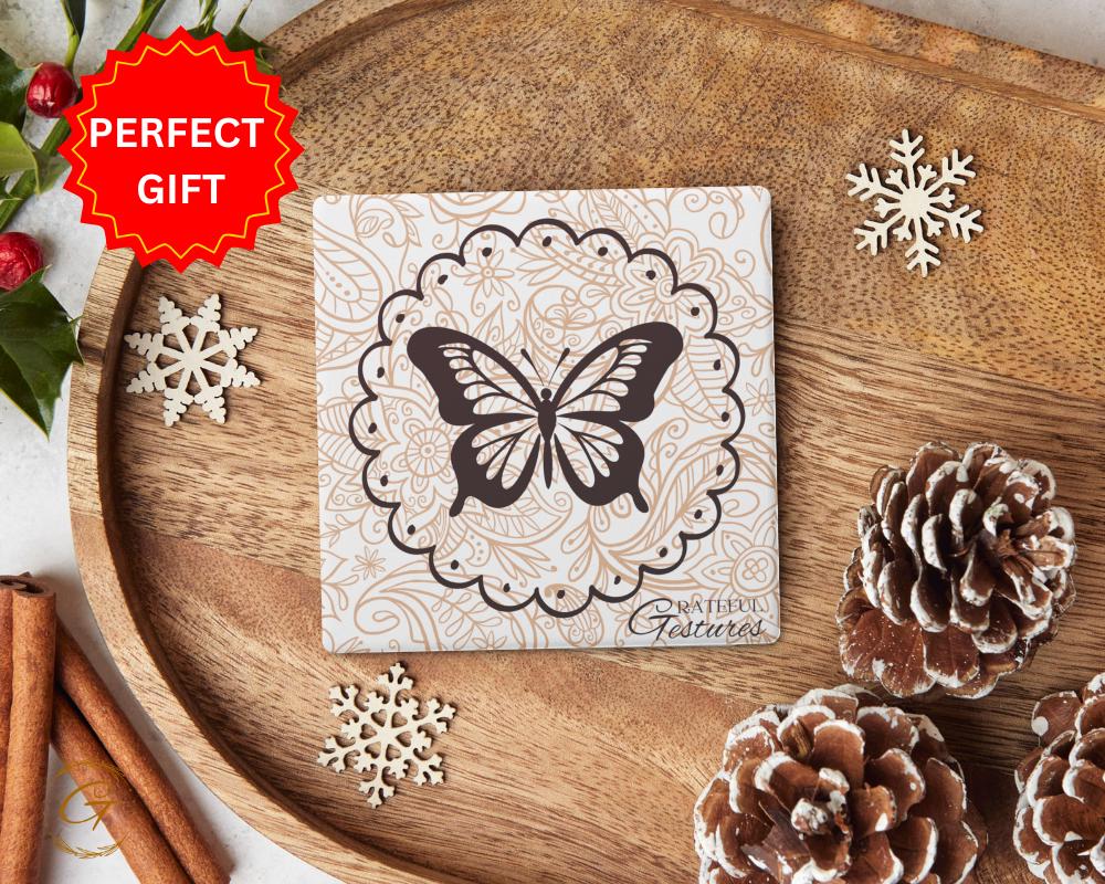 Soapstone Coaster with Butterfly Grateful Gestures Design with Durable Cork Backing, Unique Drink Coasters, Thoughtful Gift for Any Occasion