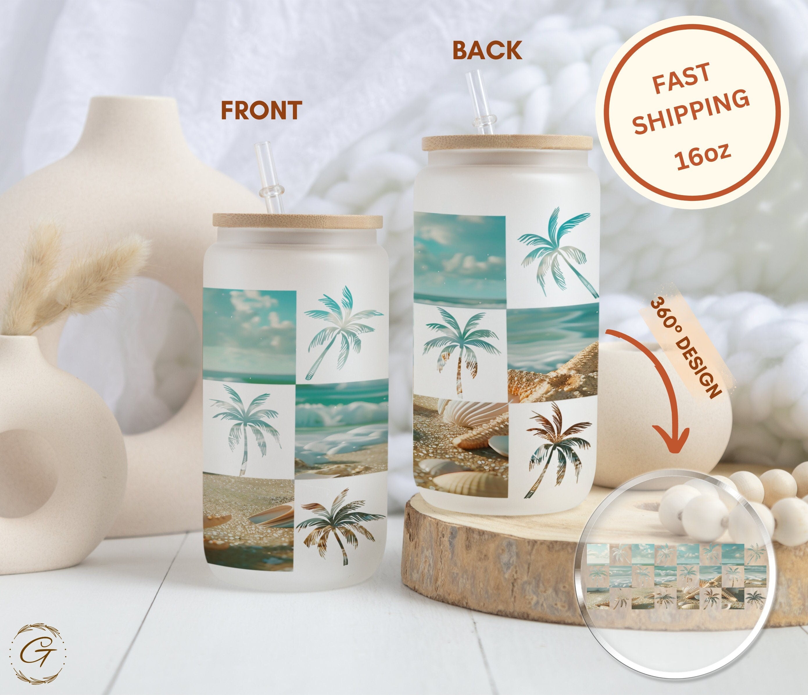 Tropical Checkered Beach Design Frosted Glass Cup