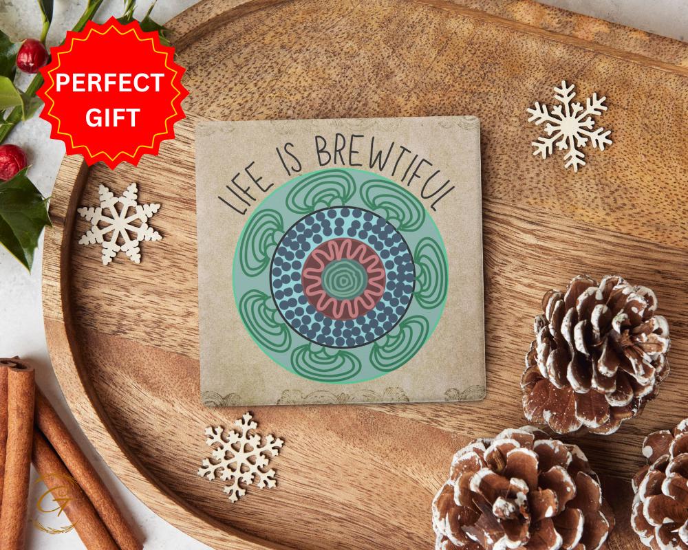 Soapstone Coaster with "Life Is Brewtiful" Design with Cork Backing Unique Coffee Lover Gift Inspirational Drink Coaster, Stylish Home Decor