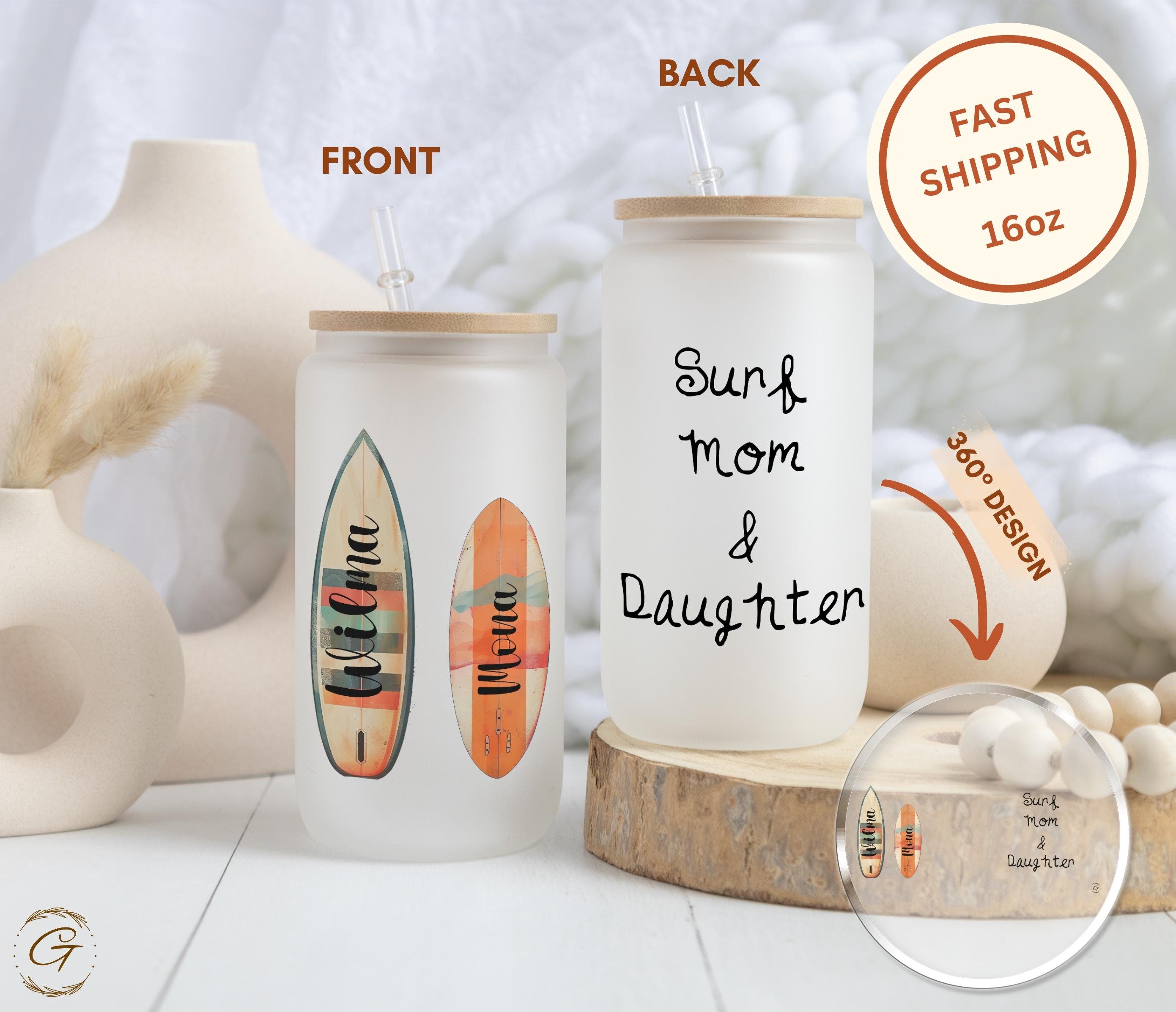 Surf Mom Daughter Design Frosted Glass Cup
