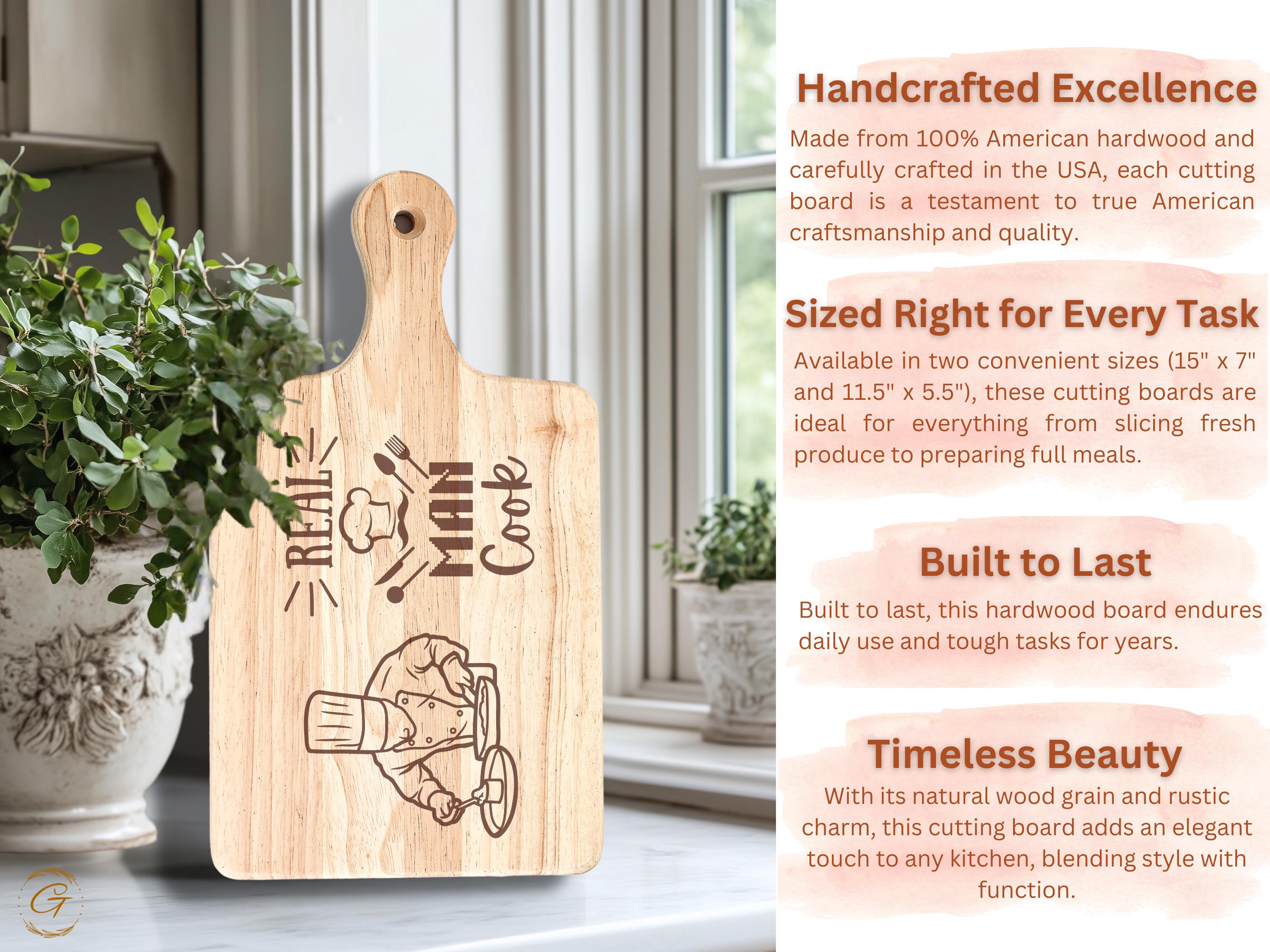 Real Men Cook Hardwood Cutting Board | Chef Engraved Cutting Board | Rustic American-Made Gift for Dads, Husbands & Home Chefs